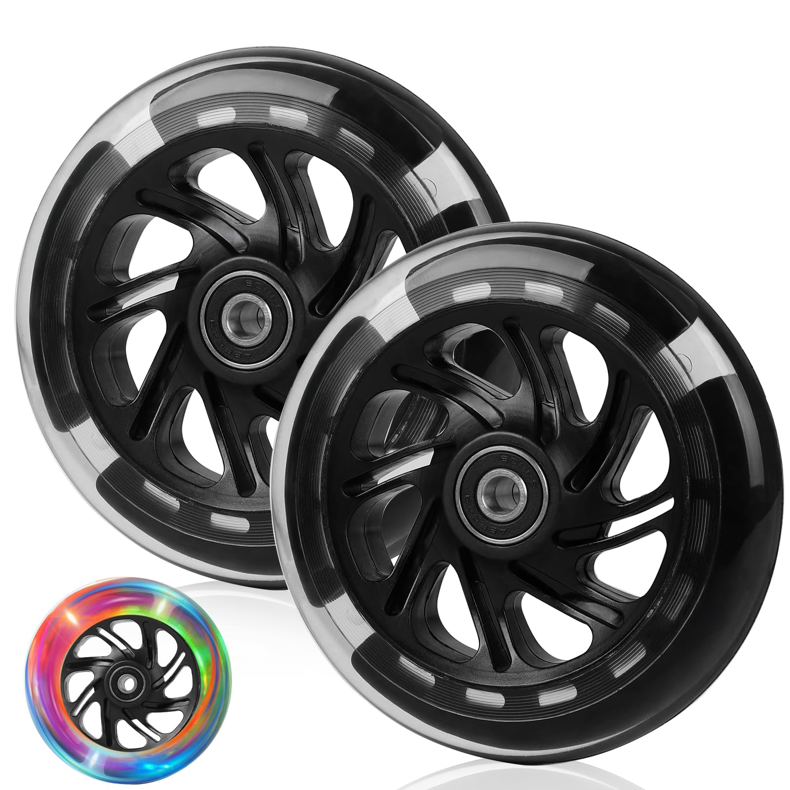DBREAKS Light Up Wheels for Stunt Scooter, Set of 2 Wheels with LED Light, 120 mm Replacement Wheels for LED Scooter with ABEC 9 Bearings, 88A Hardness, Suitable for All Scooters (Black)
