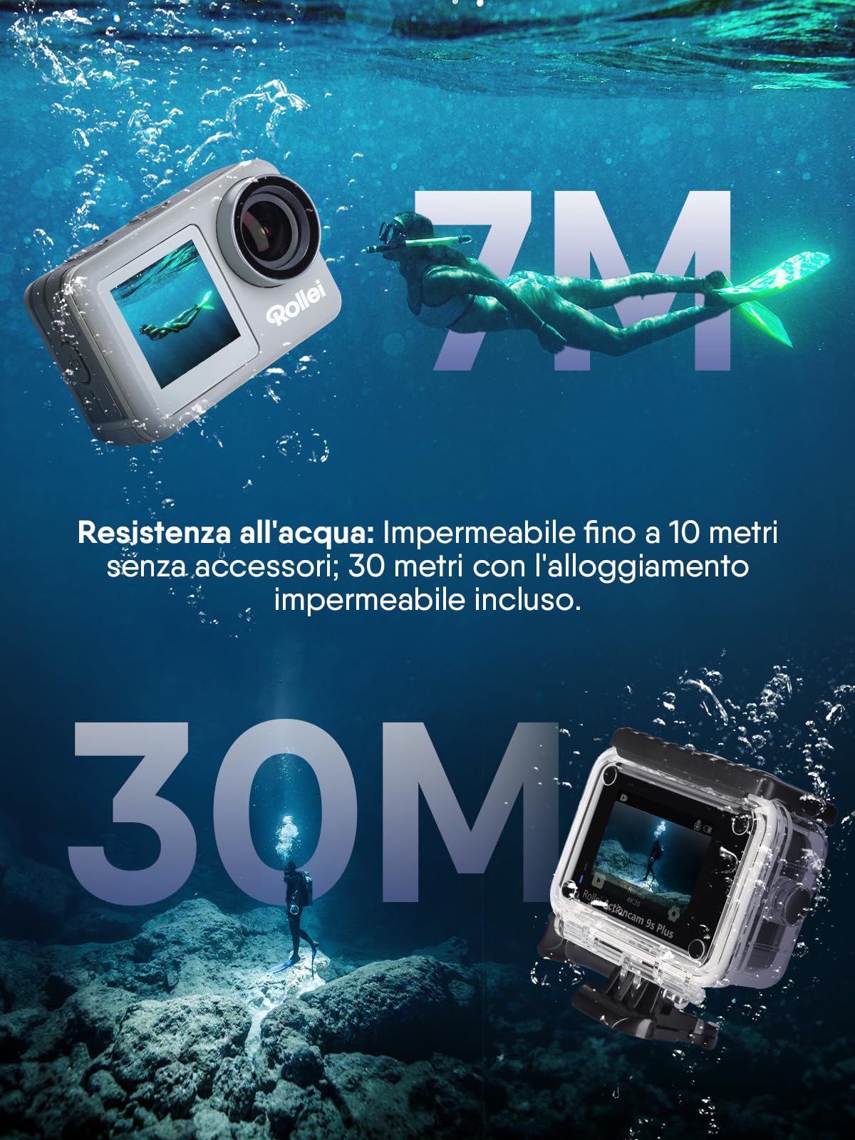 Rollei Fotocamera subacquea Action Cam 9s Plus I 4K 60fps con display selfie, stabilizzazione dell'immagine, time lapse, slow motion, funzione loop I impermeabile fino a 10 m, 65,5 x 43,8 x 26,5 mm