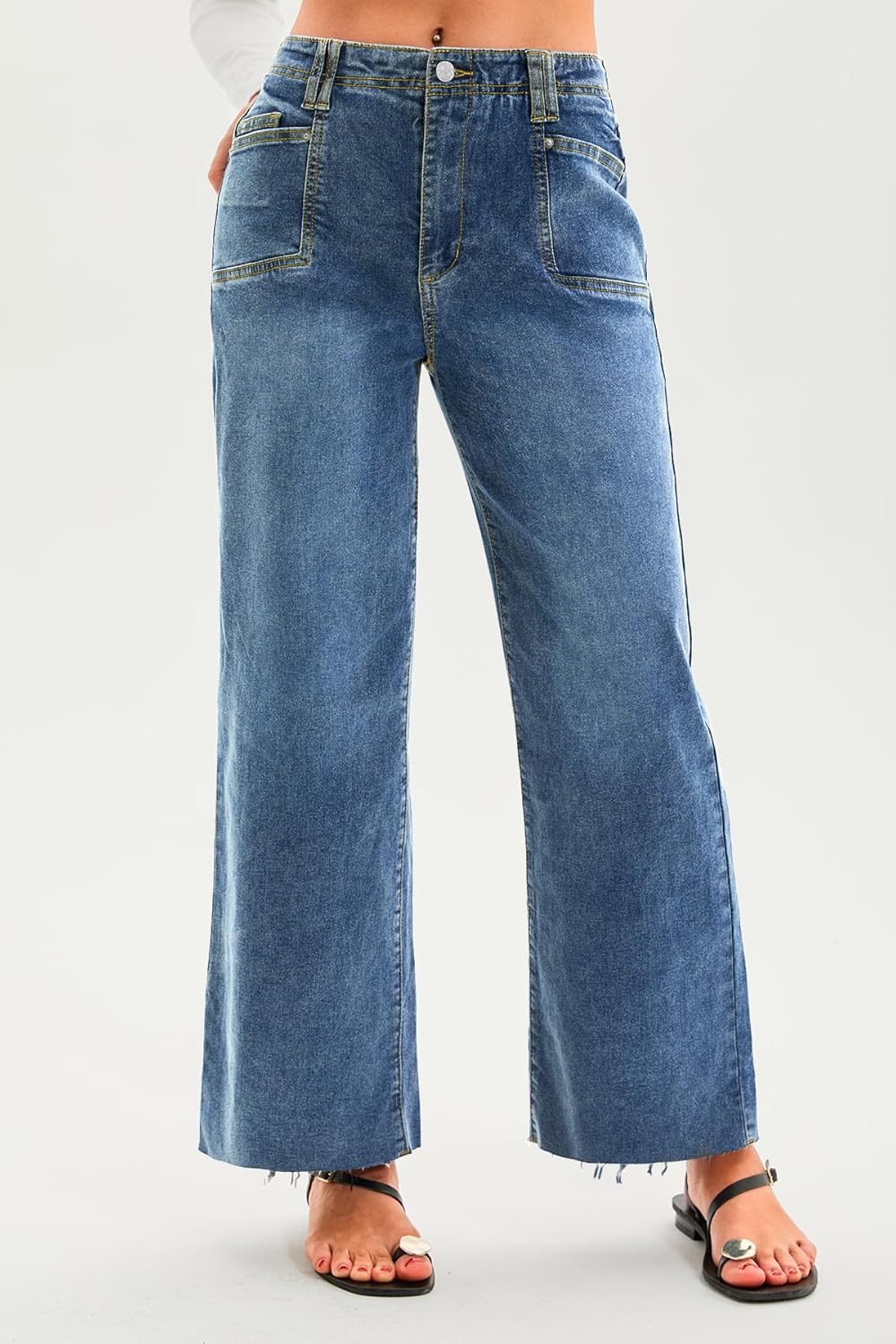 Cicy Bell Womens High Waisted Cropped Jeans Trendy Stretchy Baggy Straight Leg Raw Hem Capri Denim Pants - Image 6