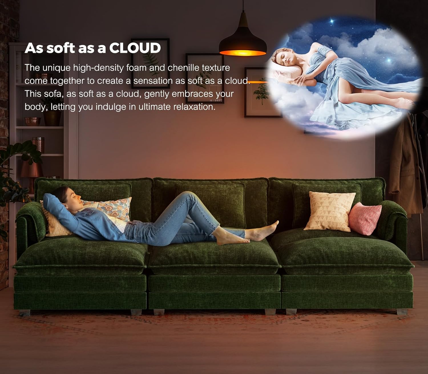 ELUCHANG 150" Oversized Modular Sectional Sofa, Comfy Deep Seat Cloud Couch, Sleeper Sofa Bed, 8 Seat Modern Couch with Removable Cover for Living Room, Apartment, DIY Combination, Chenille Green