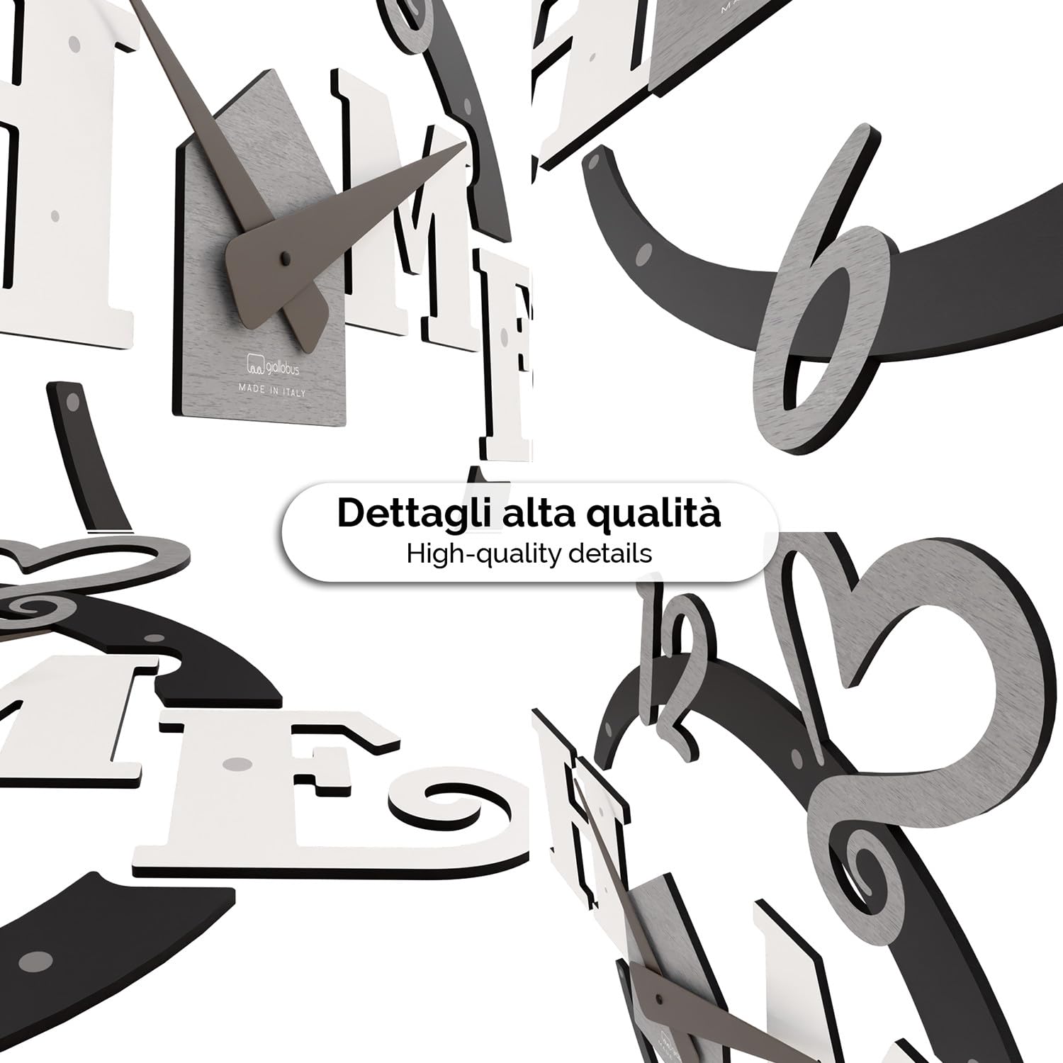 Giallobus - Orologio da Parete Adesivo Modulare Geotime - Home - Legno Mdf - Geotime - 09G_Drift - Orologio da parete moderno - Numeri adesivi 3d - Costruzione modulare