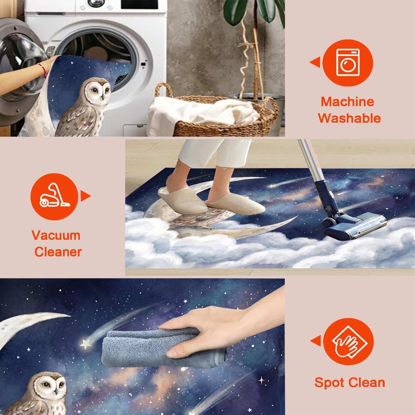 Tapis Rond Lavable La Lune Le Hibou pour Salon 100 cm