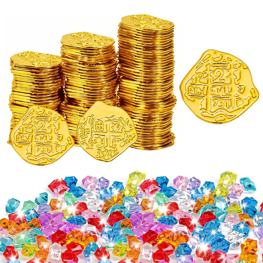 VGECEE 150 Stück Piratenschatz Goldmünzen Edelsteine Piraten Münzen Edelsteine Goldmünzen Piratenschatz für Piratenschatz Piratenparty (100 Goldmünzen +50 Edelsteine)