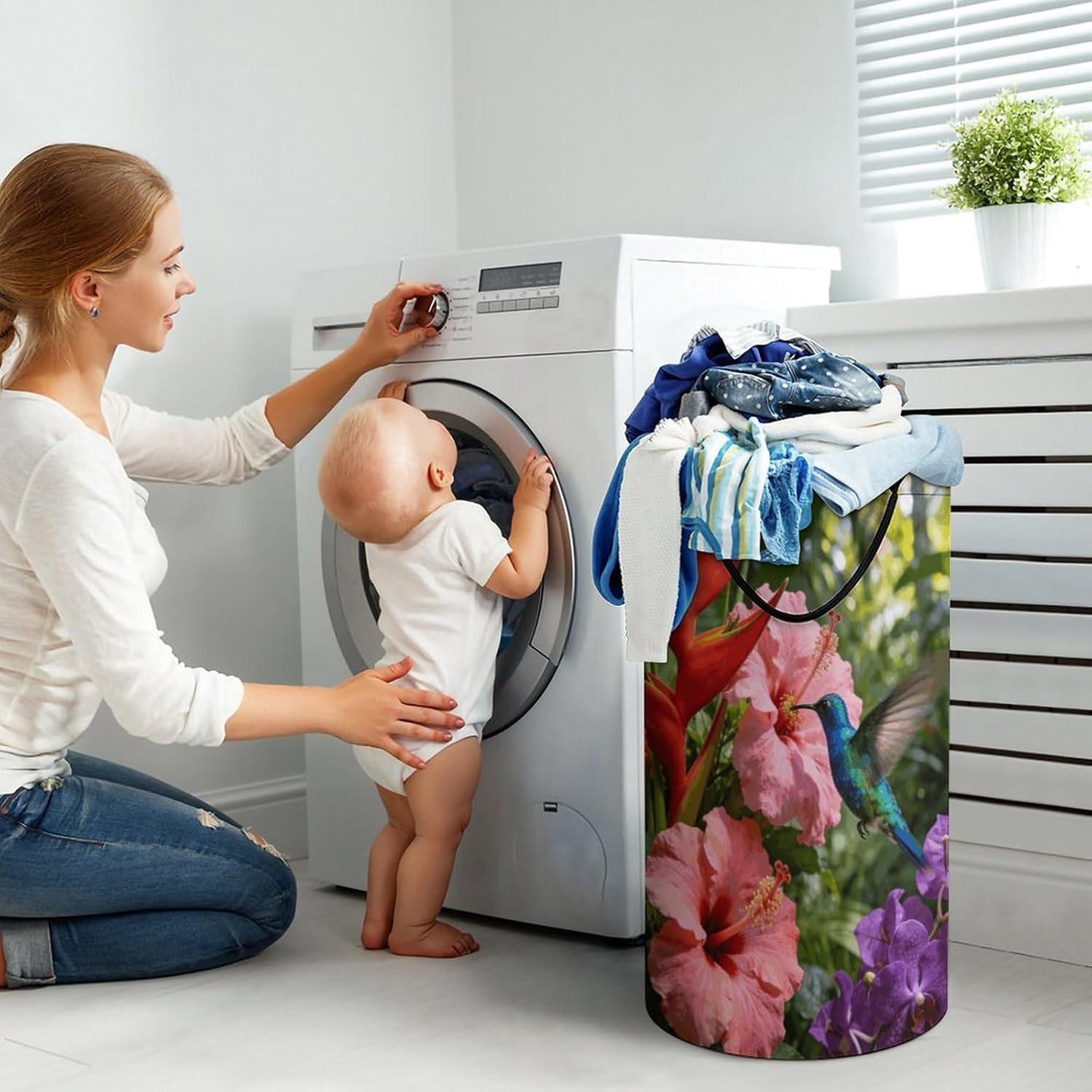 Tropical Flowers And Hummingbirds Laundry Hamper with Handles Waterproof Collapsible Laundry Basket Large Lightweight Round Dirty Clothes Hamper for Home Dorm Bathroom Decor
