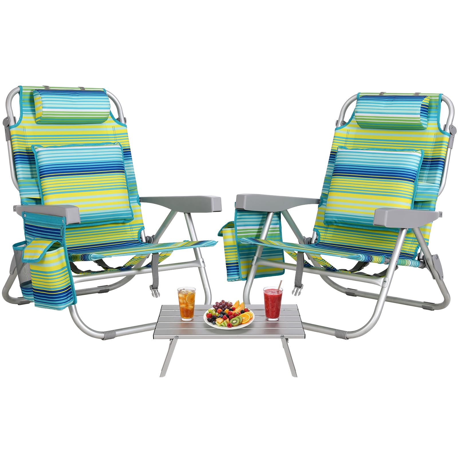 LIFERUN Strandstuhl Klappbar Leicht Aluminium 2er Set & Tisch, Rucksack Klappstuhl Strand, Campingstuhl Kann Flach Liegen,bis 150 kg belastbar, Outdoor Faltstuhl Verstellbarer Hohe Rückenlehne Grün