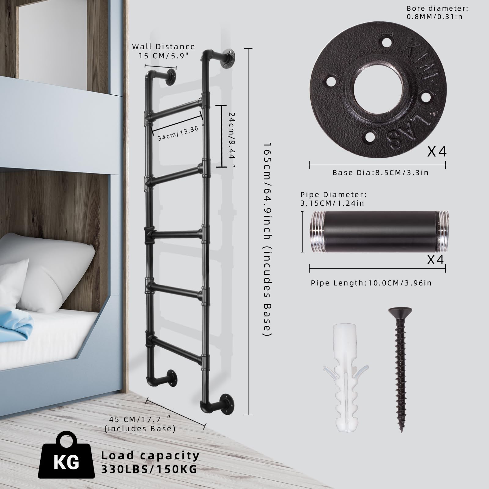 5-Sprossen Wandleiter aus schwarzem Metall, 165 cm/5.4FT, bis 150 kg belastbar, Robuste und platzsparende Ausstiegsleiter für Etagenbett, Loft, Dachboden, und Kellerfensterschacht
