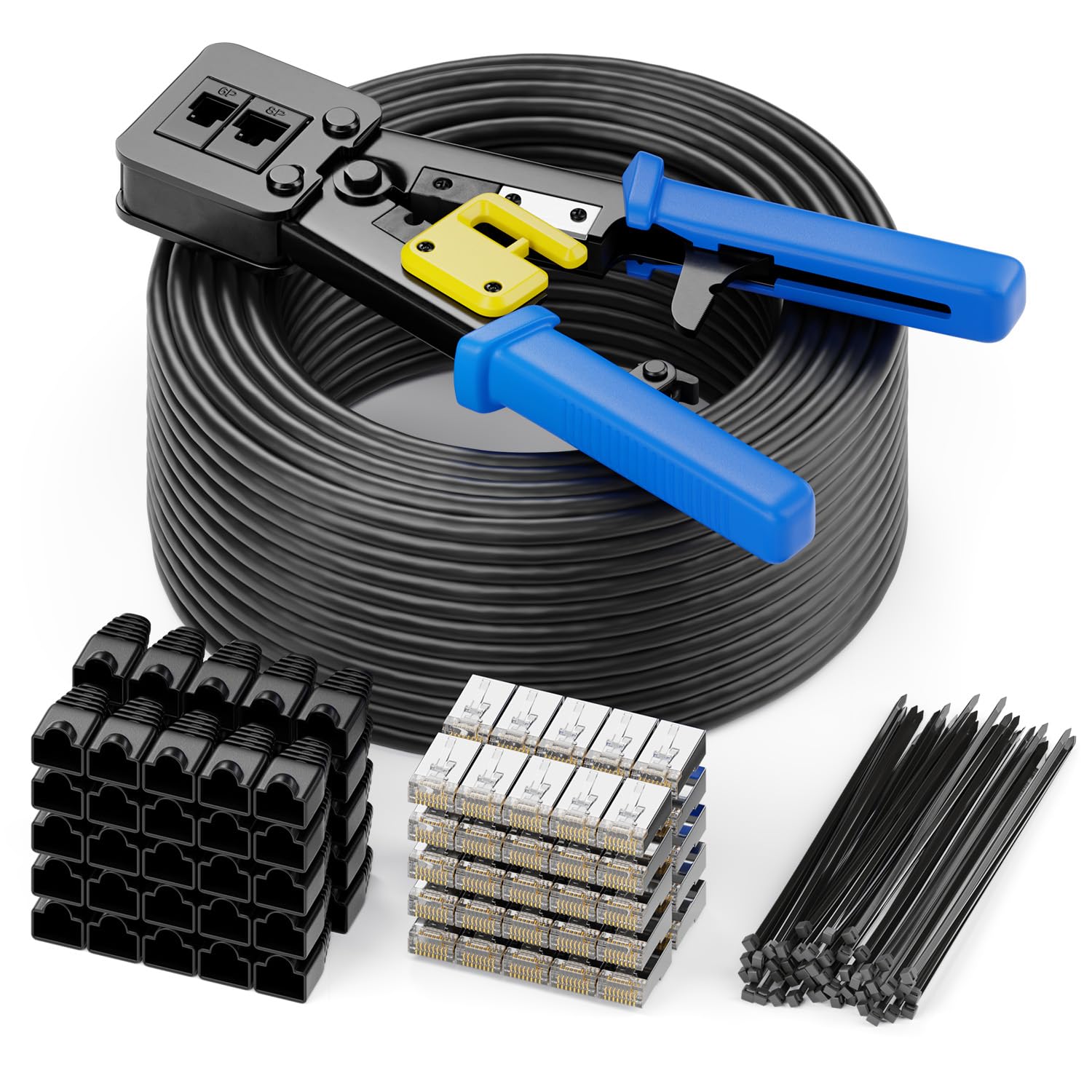 deleyCON 100m Cable de Instalación CAT7 Incl. Alicates para Crimpar Brida para Cables & 50 Conectores RJ45 - S/FTP 600 MHz 10 Gbit/s AWG 26 BC Cobre - Resistente a la Intemperie - Negro | Kit de instalación para exteriores e interiores, incluye crimpadora