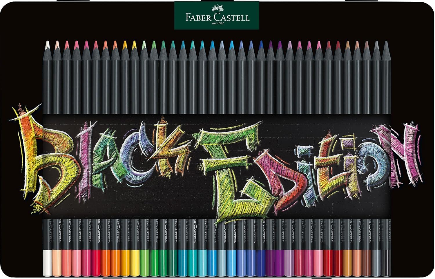 Faber-Castell 116437 Black Edition Buntstifte 36er Metallbox, Lebendige Buntstifte, Bruchsichere Kunststifte mit ergonomischem Griff, Malstifte für helles und dunkles Papier