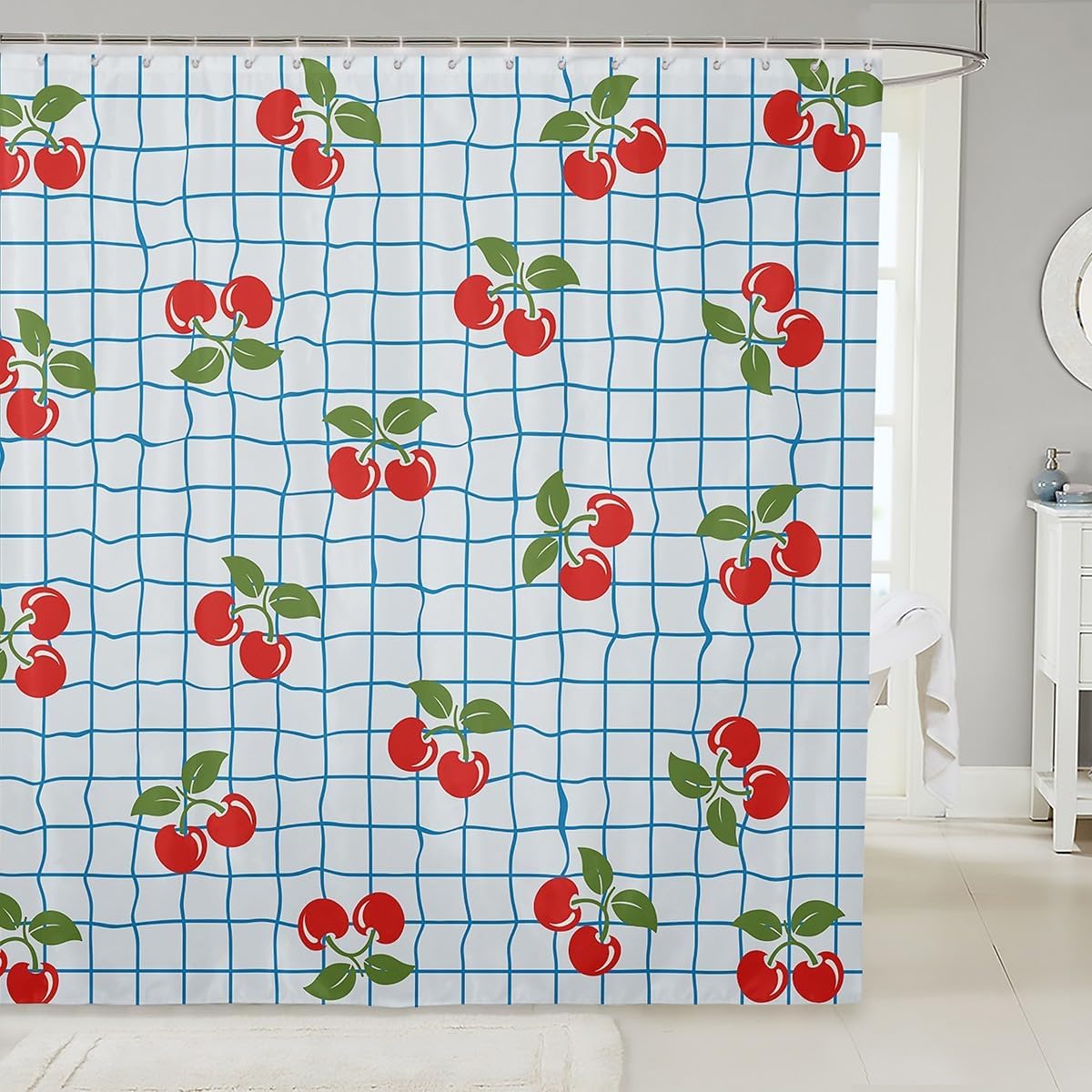 jejeloiu Cute Cherry Bathroom Waterproof Accessories with 12 Hooks Cherry Fruit Shower Curtain for Kids Boys Girls Blue Grid Plaid Print Fabric Shower Curtain Kawaii Watercolor Curtains,72x78 Inches