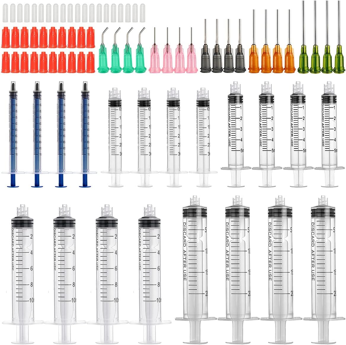 1ml, 3ml, 5ml,10ml, 20ml Glue Applicator Syringes with 14ga, 15ga,16ga, 18ga, 20ga Blunt Tip Needles and Caps for Refilling and Measuring Liquids, Vape, Oil or Glue Applicator
