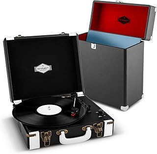 Auna Jerry Lee Giradischi a Valigetta Vintage + Record Collector Raccoglitore Vinili (Casse Audio Altoparlanti integrati, USB MP3, Porta Dischi da 30 Vinili) Nero