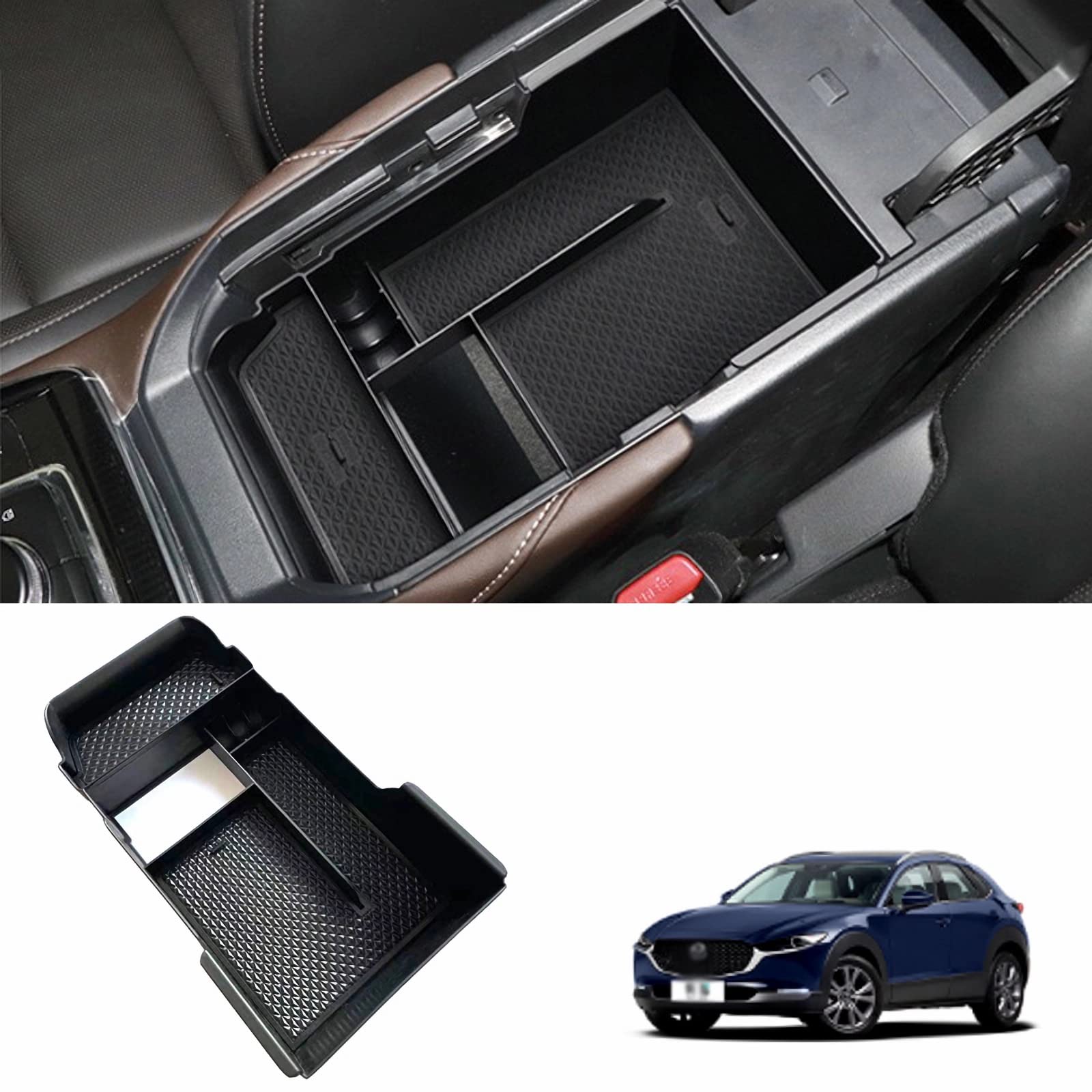 Organizador Consola Central Para Mazda CX-30 2019-2022 - Caja Almacenamiento Con Alfombrilla Antideslizante, Color Rojo