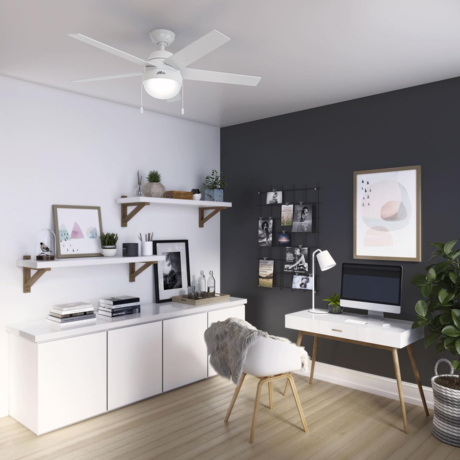 Hunter 52 inch Indoor Ceiling Fan with LED Light - White Ceiling Fan with Pull Chain, For Bedroom, Living Room, or Kitchen, Standard Mount, No Remote, 5 Blades - Anslee 50231, Fresh White