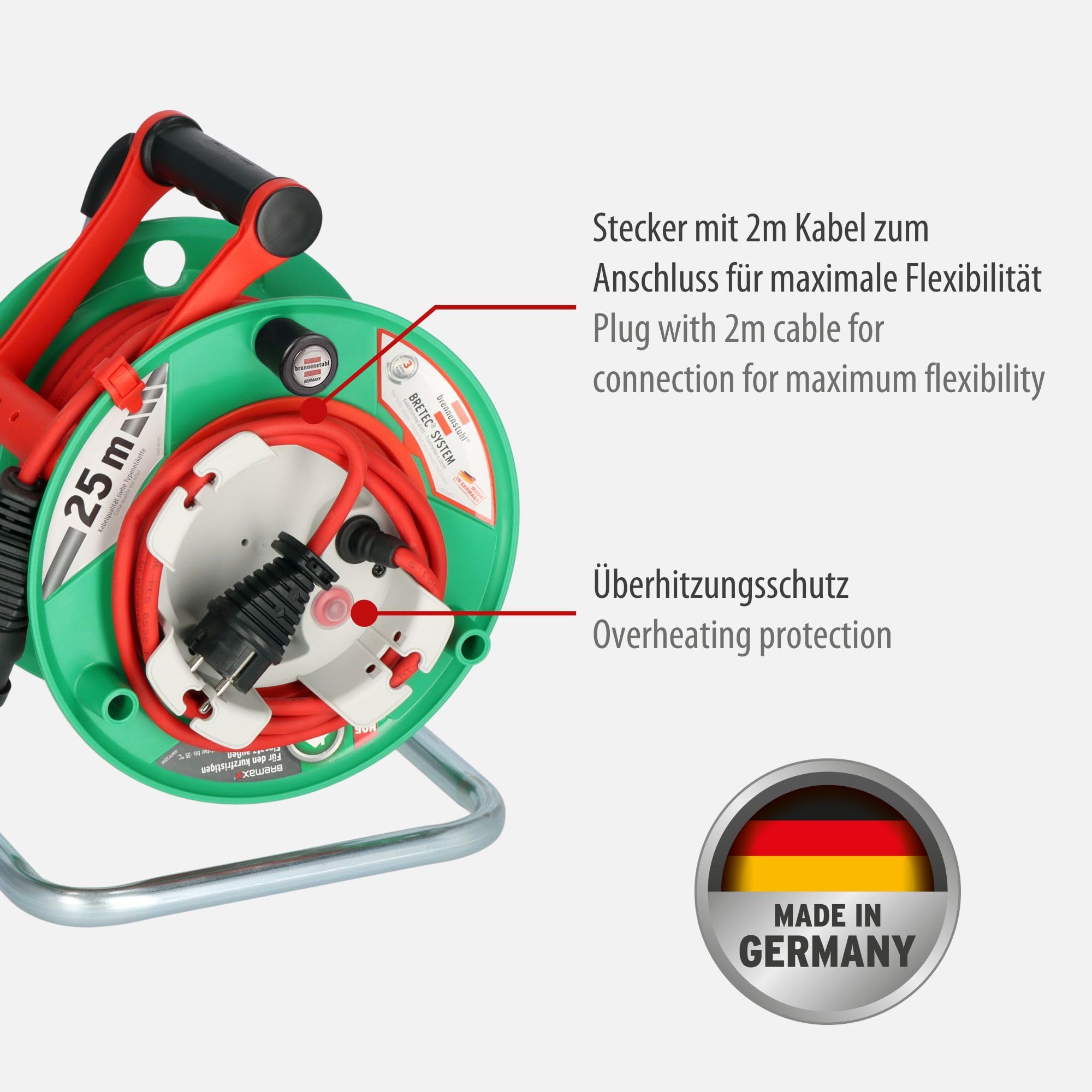 Brennenstuhl Garant G Bretec Enrouleur de câble de jardin, IP44, pour tondeuse à gazon, avec câble de 23 + 2 m, rouge, plastique spécial, utilisation à court terme en extérieur, fabriqué en Allemagne