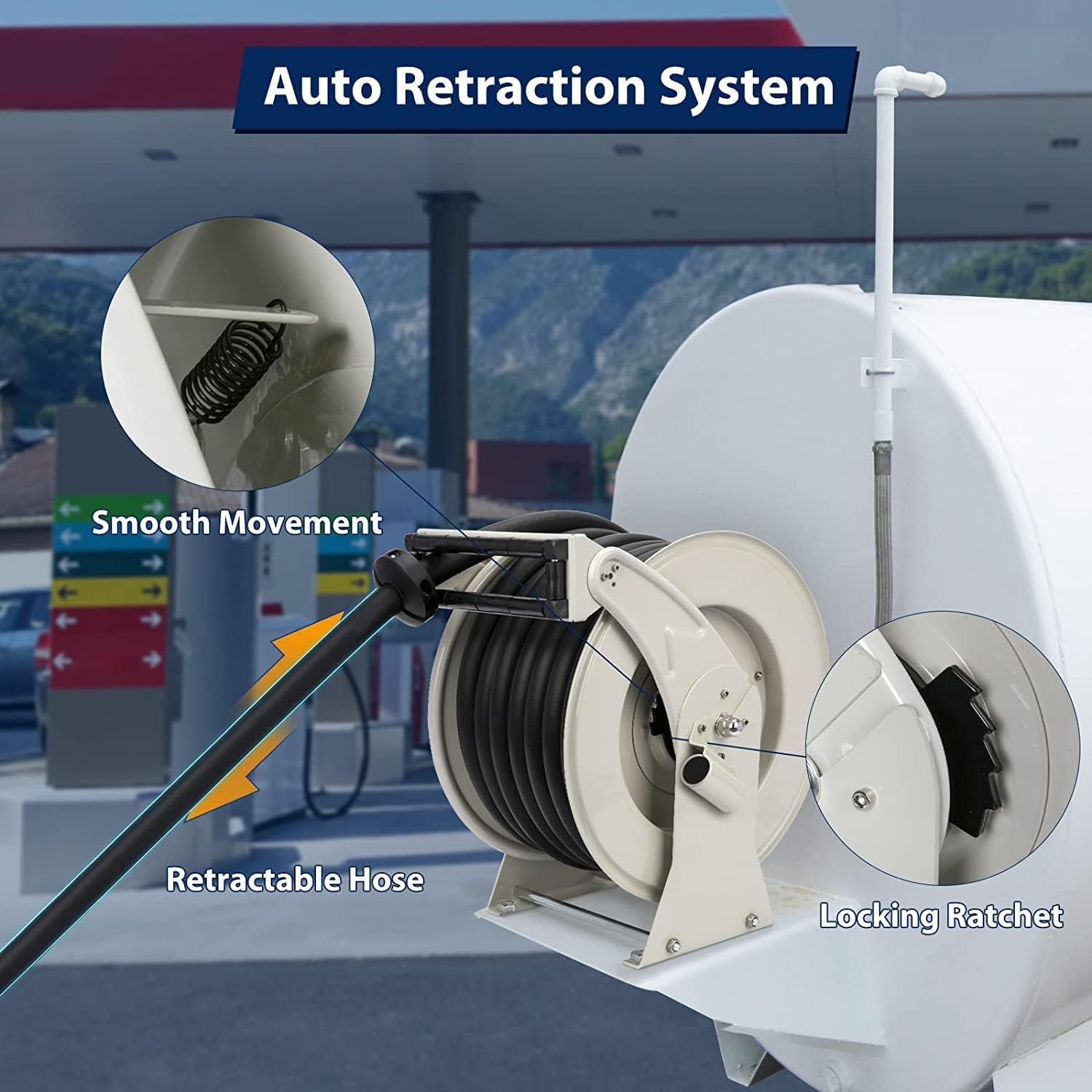 Fuel Hose Reel 1" x 50' Spring Driven Retractable Diesel Hose Reel 300 PSI Industrial Auto Swivel Heavy Duty Steel Construction Reel with Fueling Nozzle for Aircraft Ship Vehicle Tank
