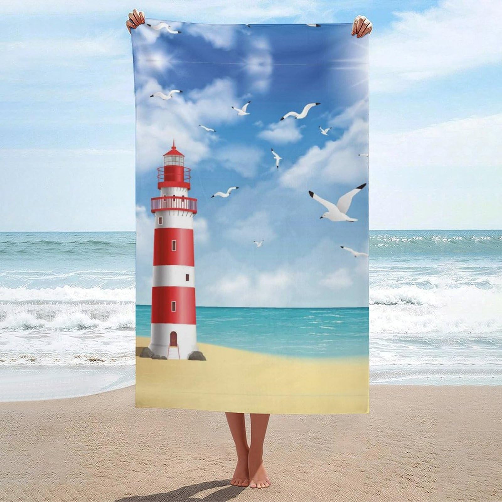 LEDFCVSU Beach Towel, Lighthouse Bath Towel, Absorbent Towel for Swimming, Sports, Travel