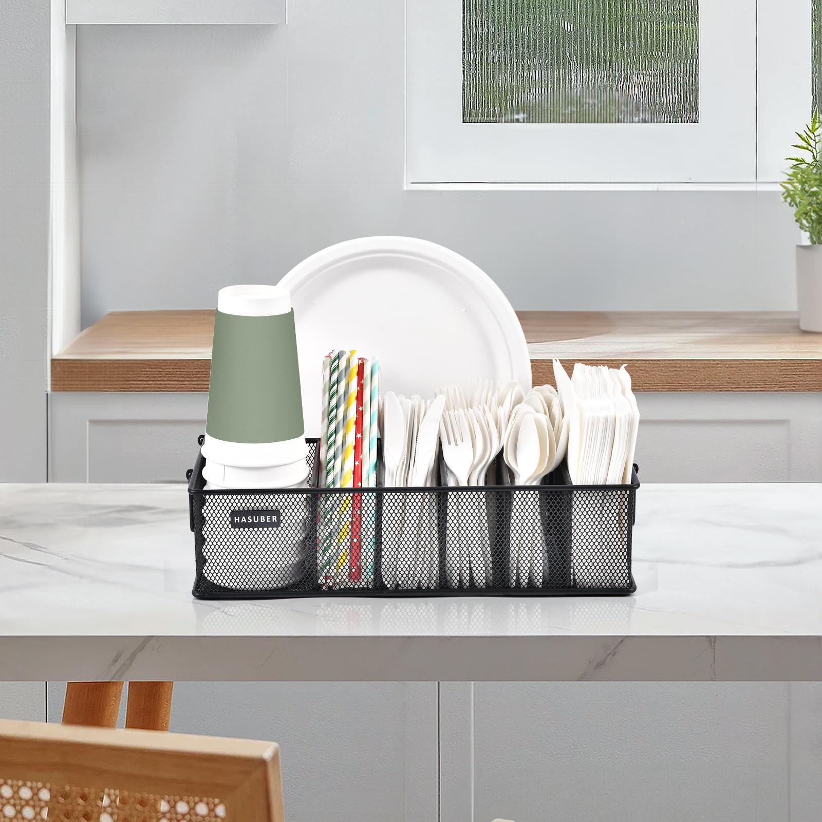Organizador de cubiertos con asa, organizador de utensilios de metal para encimera de cocina, 7 compartimentos para plato, taza, servilleta, dispensador de platos de papel para fiesta, picnic 9