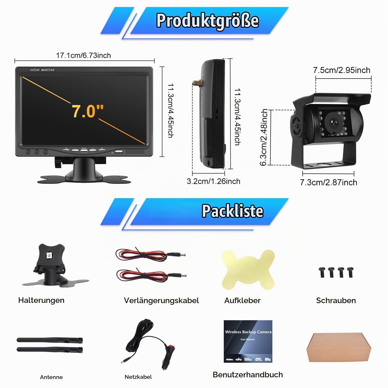 CAMECHO Rückfahrkamera Kabellos, 7 Zoll TFT LCD Monitor und Parkkamera IP68K wasserdichte Auto Rückfahrkamera Funk, 1080P HD Nachtsicht 120° Weitwinkel für Auto/Fahrzeug/LKW/Van/Caravan/Camper