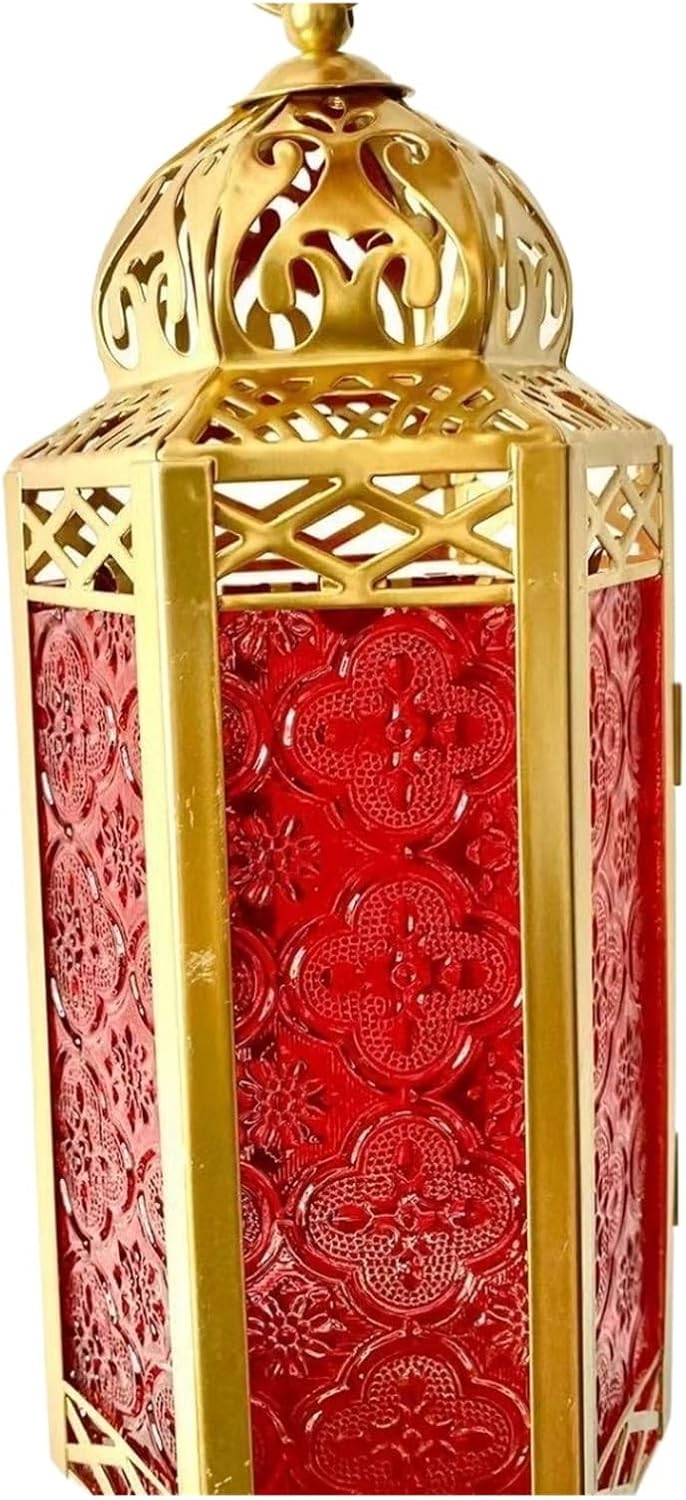 Cross-Border Middle East and Europe Gold Wrought Iron Candlestick Lantern Stained Glass Moroccan Classic Ornament(Goldred11*.9.5 * 25CM)