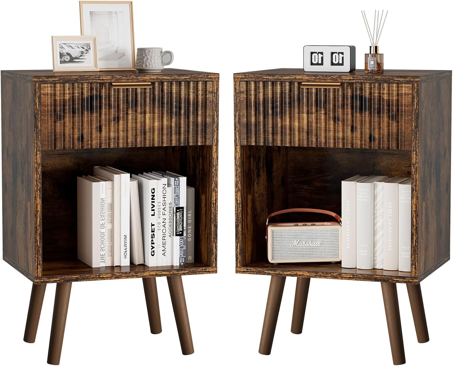 YMYNY Mid Century Modern Nightstand Set of 2, Side Table with Fluted Drawer, Open Shelf Unit, Golden Handle, Solid Wood Legs, Bedside Table, for Bedroom, Rustic Brown UHST013H-2