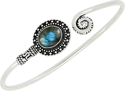 Natural Gemstones 925 Silver Plated Cuff Bracelets for Women - Oval Shape Stone Birthstone Handmade Adjustable Open Bangle Jewelry - Gifts for Wedding Anniversary Valentines Day Christmas