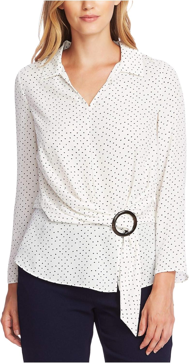 Vince Camuto Womens White Belted Collared Polka Dot Long Sleeve V Neck Top Size Medium White
