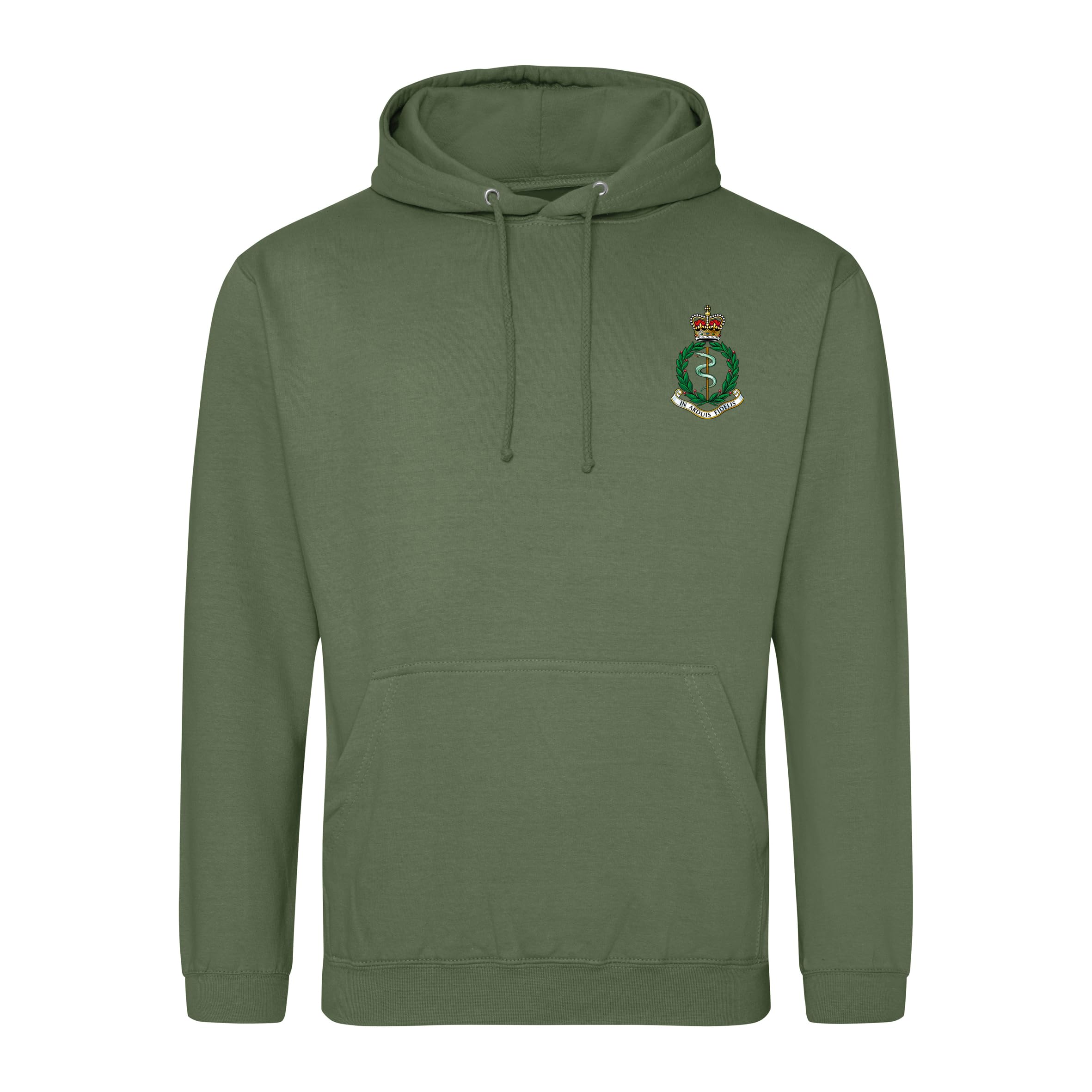 HiViz Kings Royal Army Medical Corps Embroidered Men's Hoodie British Army Insignia MOD Hooded Sweatshirt Embroidery ** 9 Colours Available ** (UK, Alpha, L, Regular, Regular, Military Green)