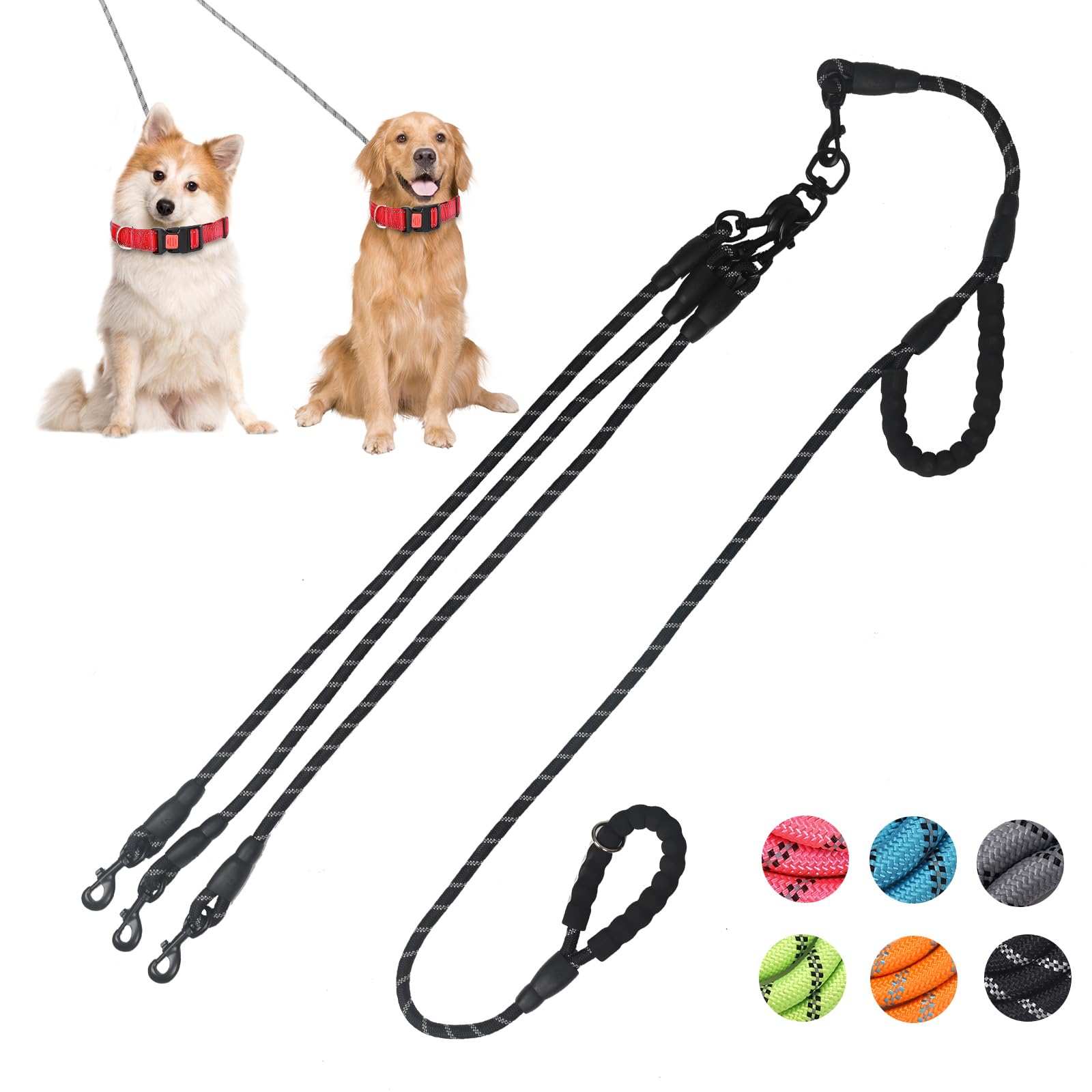 Three Dog Leash for Small and Medium Dogs - Exceptional 360 Anti-Tangle & No Pull With 3 Handles - Reflective for Safety & Convenience (Black, 3 Way)
