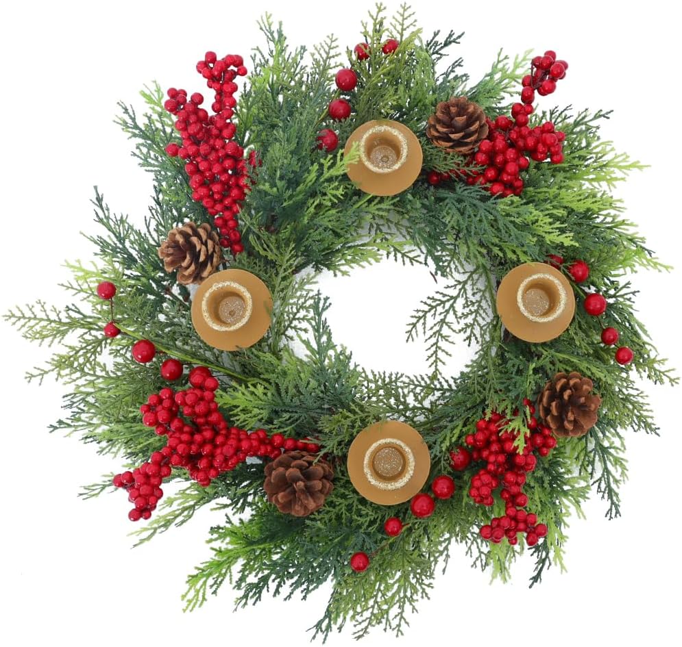 Seasons Christmas Candle Holder Wreath, 18 inch Advent Centerpiece Decor, Candle Wreath Decorations for Table Indoor Home & Church