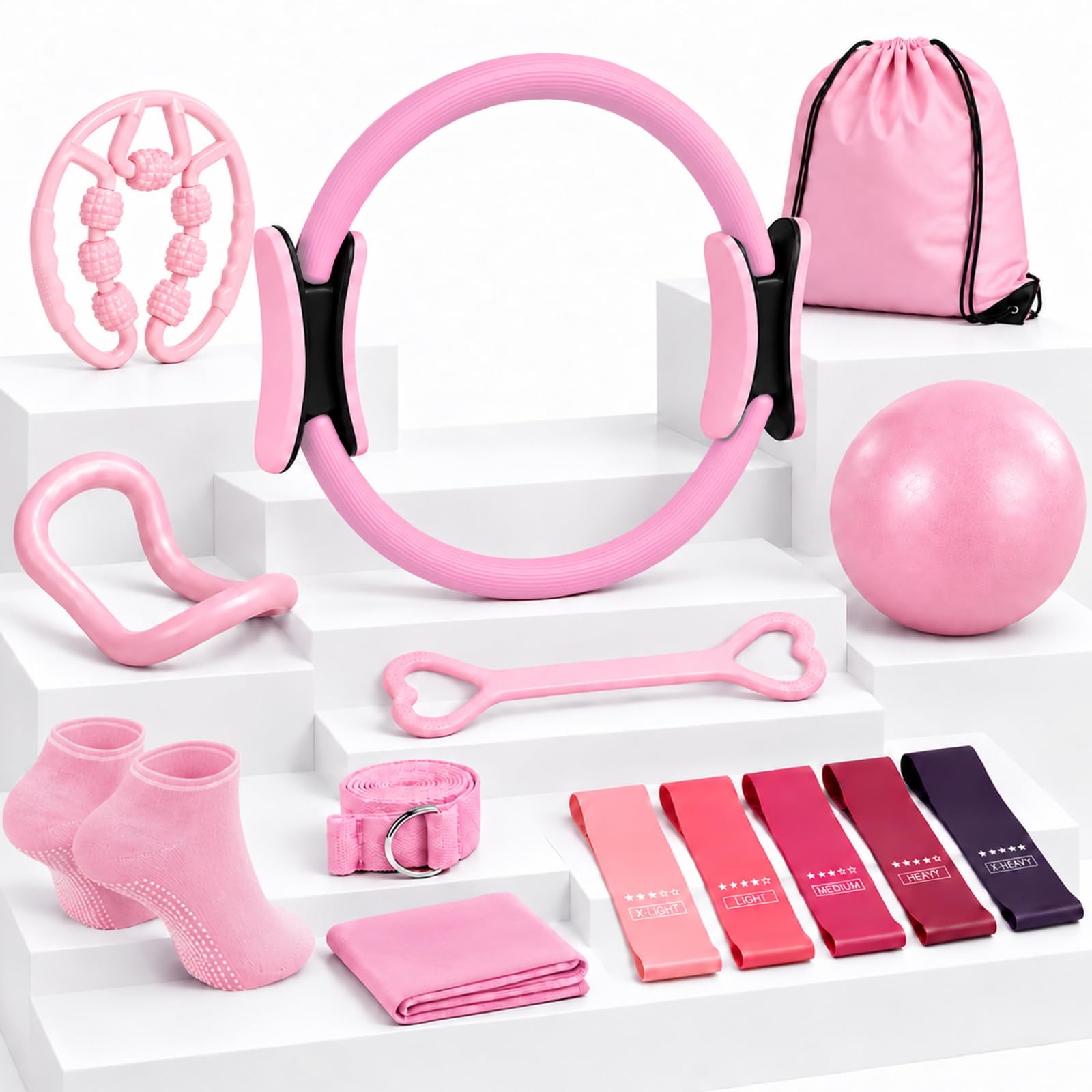 Pilates Set 14 Teilig für Zuhause–mit Pilates Ring, Pilates Ball, Faszienrolle, 5 Fitnessbänder für Kraft, Flexibilität & Körperstraffung, Yoga Set Damen Pilates Kit für Anfänger & Fortgeschrittene