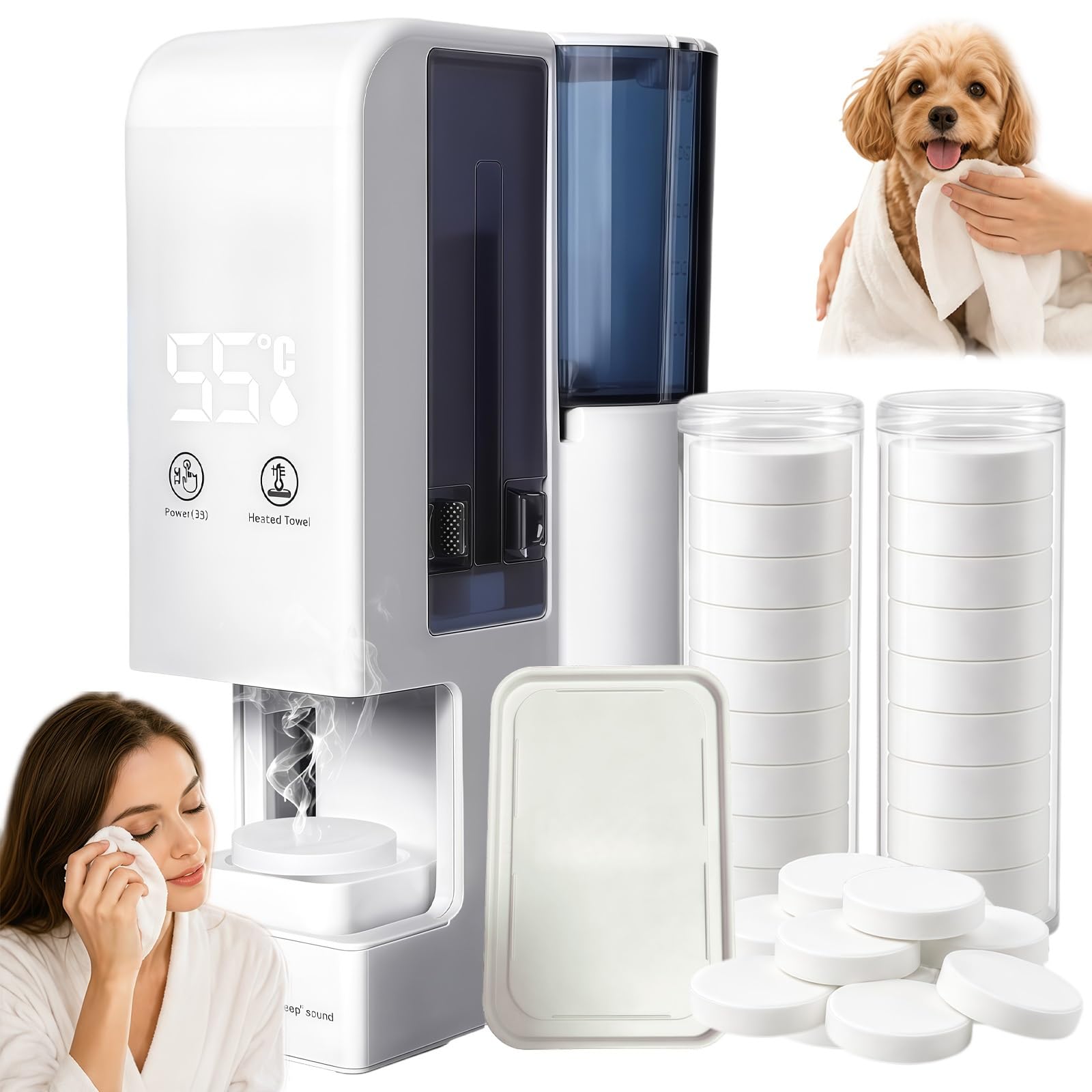 Yagerod Hot Face Towel Dispenser, Auto Compressed Towels Wamer Heater Machine, Hot Towel Dispenser with 40 Towels, 5-Second Warmth, Smart Voice Alerts, 55°C Constant Temp, for Home Spa, Facials(A)