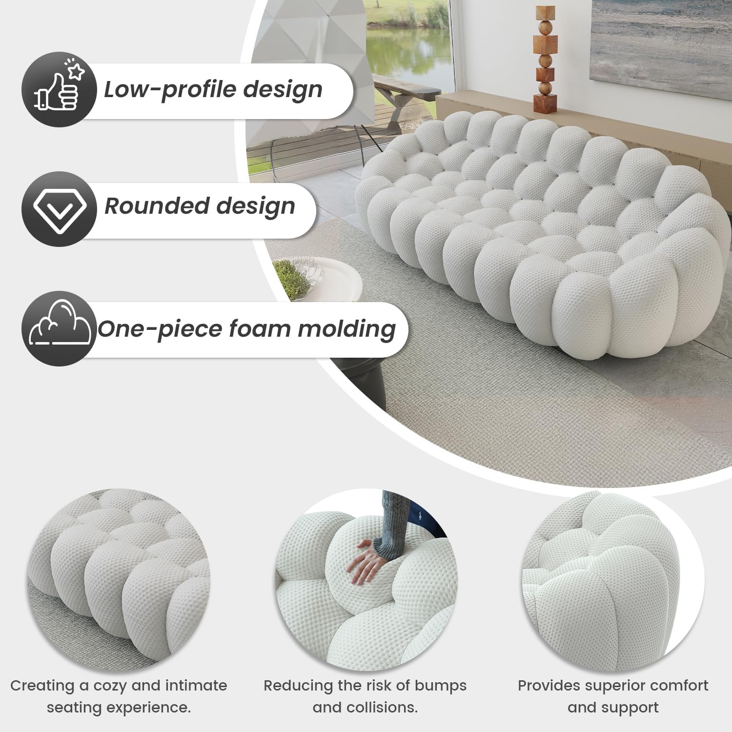 Bubble Sofa Couch,79.53'' Modern Curved Sofas for Living Room, 2 Seater LoveSofa Lazy Floor Sofa, Large Bean Bag Chair,Deep Seat Floor Sofas Chair Lounge for Office, Apartment,Light Gray 79.53"D Light Grey