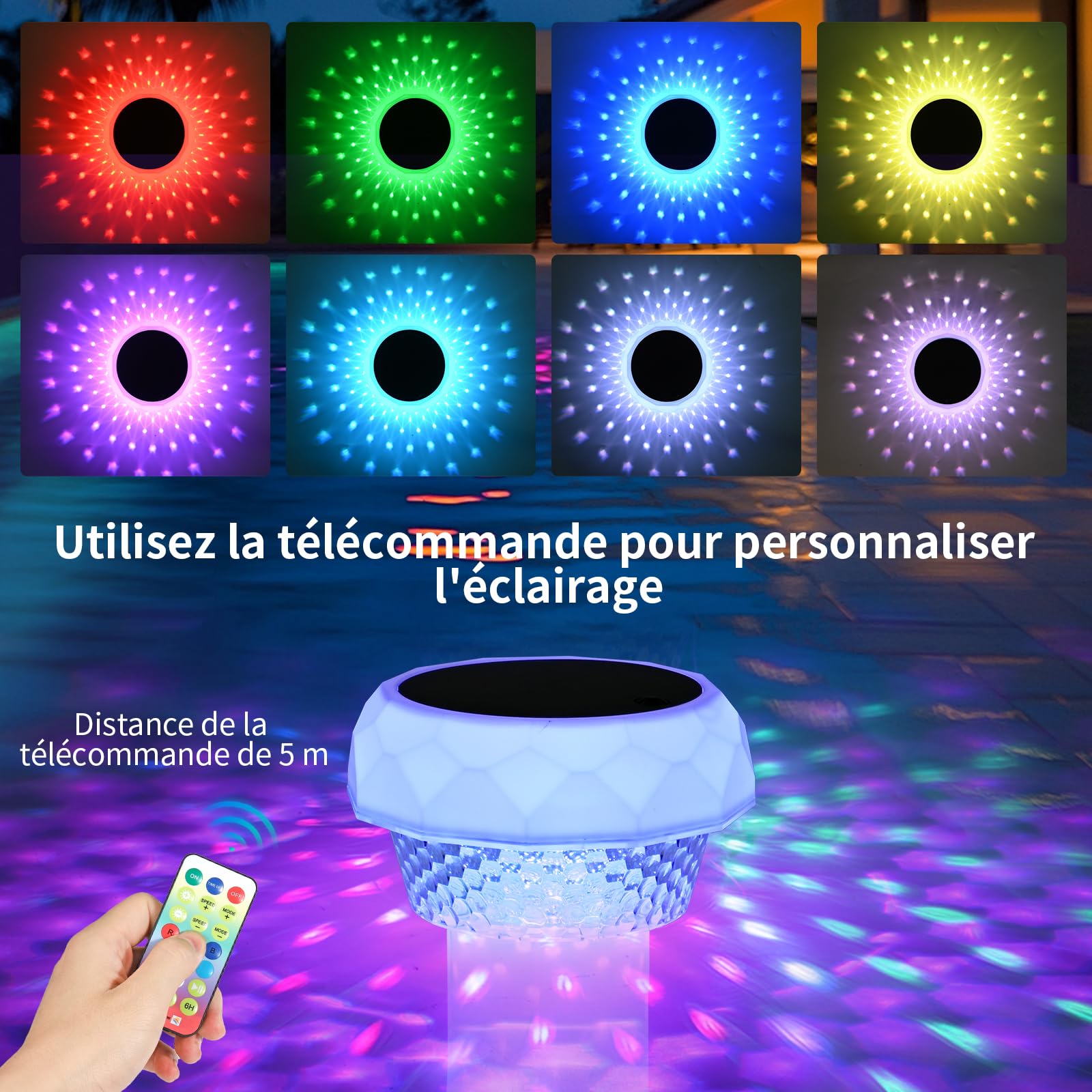 Diffuseur Chlore Piscine avec Lumière Solaire LED, Flotteur Chlore Piscine avec Télécommande, Distributeur de Chlore pour Piscine Diffuseur Spa