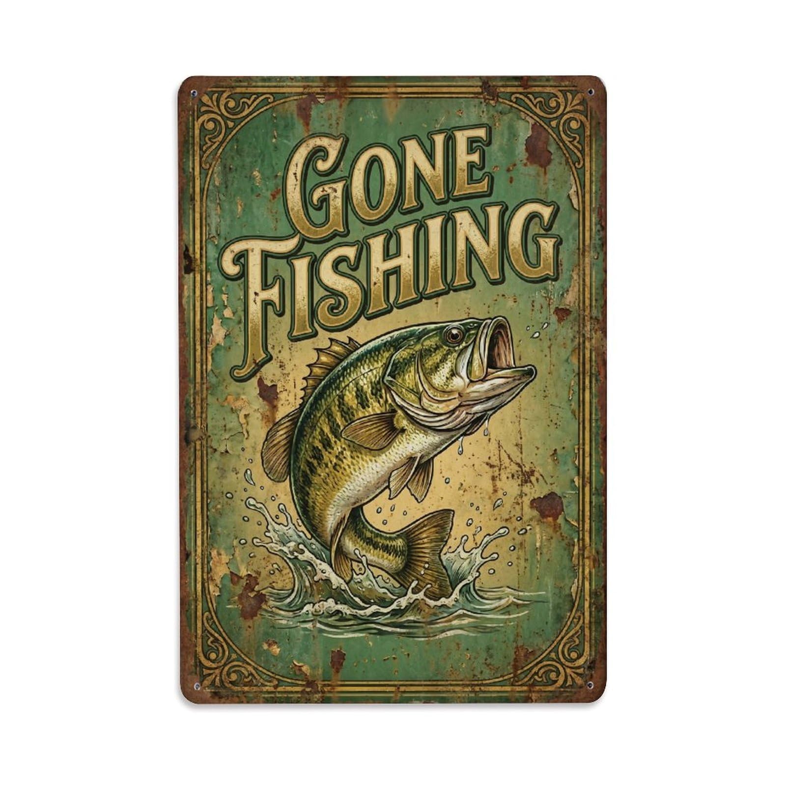 Gone Fishing Vintage Angler Vintage Metal Tin Sign Plaque Wall Decor for Cafe, Club, Garden Metal Poster 8x12Inch