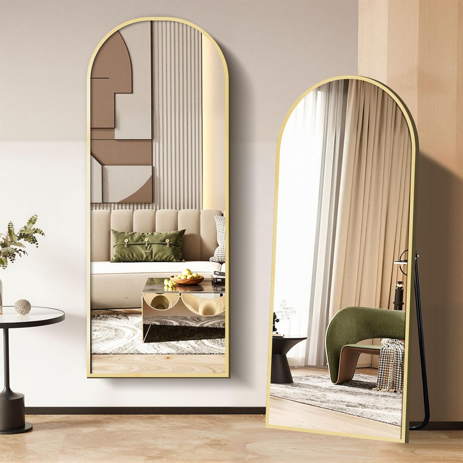 Arched Full Length Mirror with Stand, 64" x 21" Aluminum Alloy Floor Mirror for Bedroom, Distortion-Free HD Body Mirror, Wall Mounted or Leaning Hanging Mirror, Home Decor, Gold