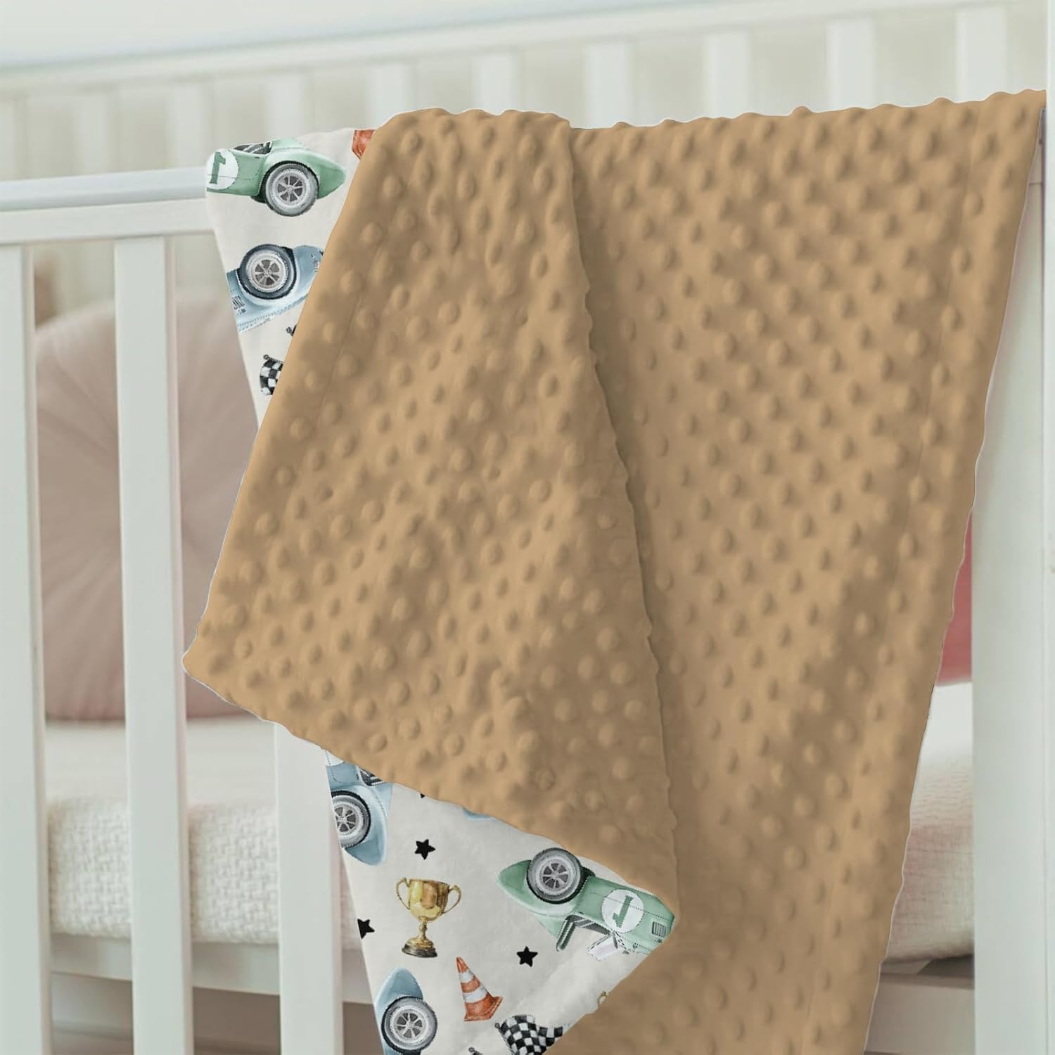 Baby Blankets for Boys 30" x 40", Soft Double Layer Minky Blanket with Dotted Fleece Back, Nursery Bed Receiving Quilt for Newborn Infant Toddler Shower Gift Brown Retro Race Car Theme