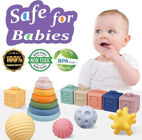 Vista 2 de Juguetes Montessori para bebés, bloques de construcción apilables suaves, juegos de bolas de anillos, paquete de juguetes para bebés, juguete