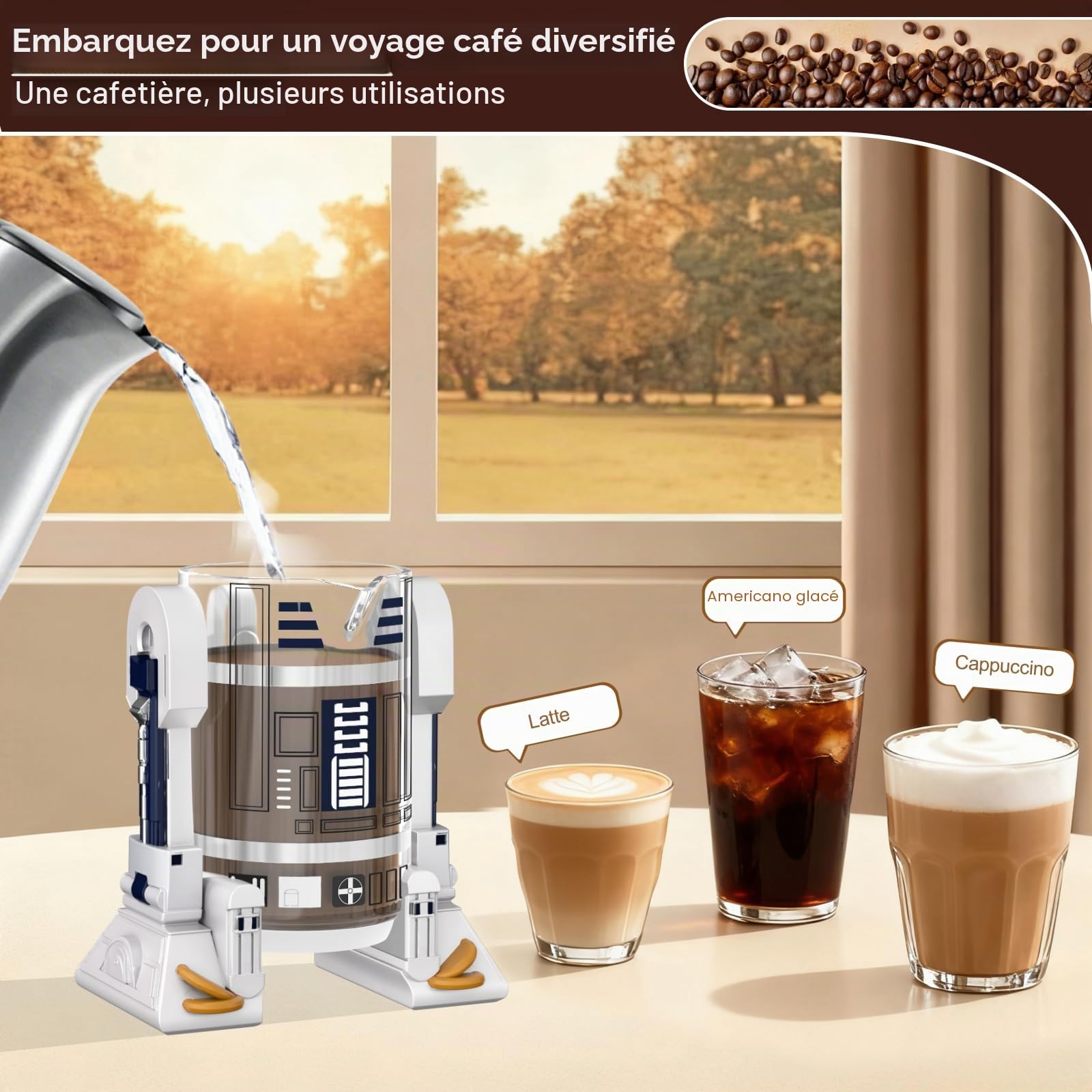 TEENKON Cafetière à piston française isolée en acier inoxydable 304, robot R2D2 de 946 ml, avec écran de filtre pour infusion du café et du thé (blanc)