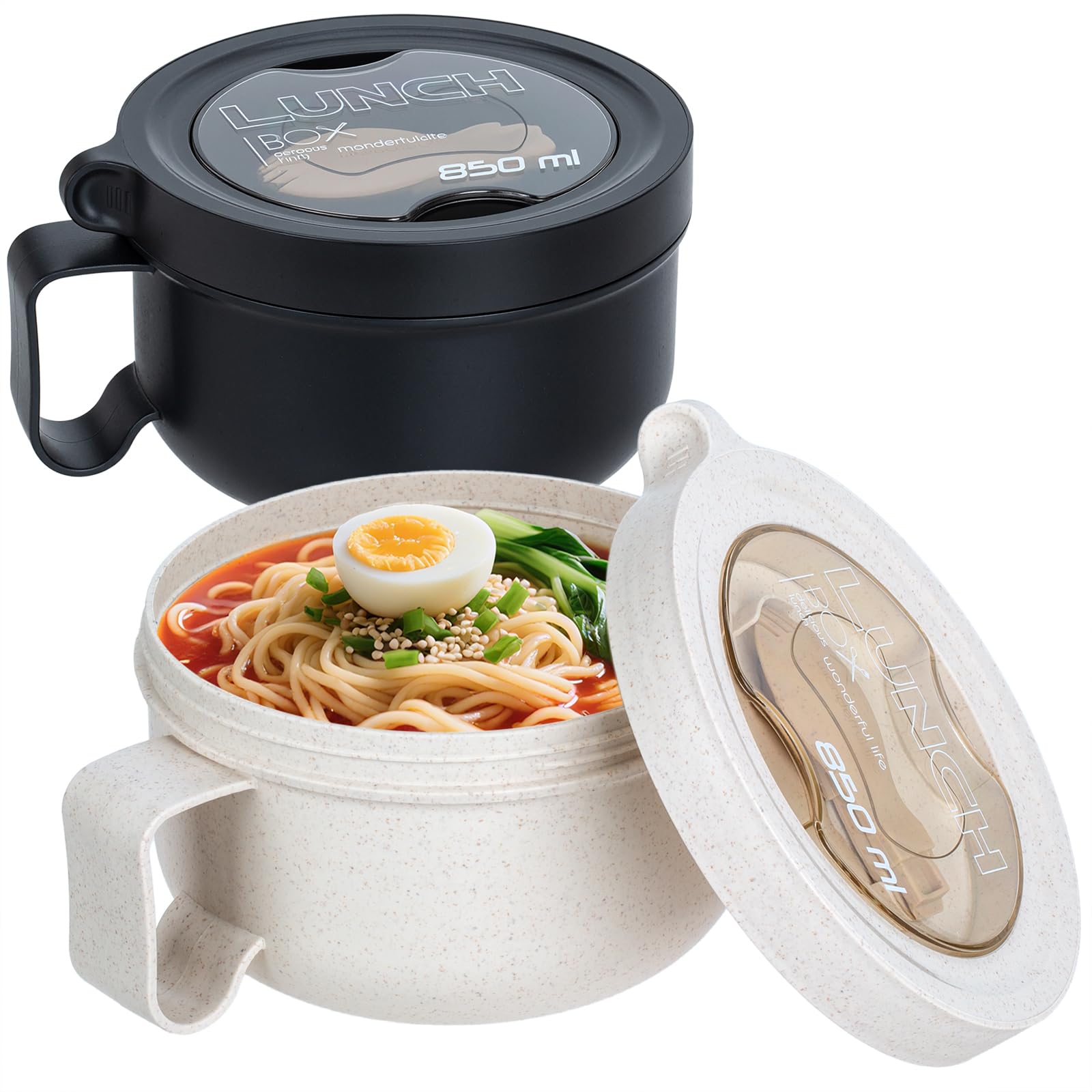 OZY Microwave Bowl Set with Lids and Handles,Ramen Noodles Cup Mug for Instant Noodles,Oatmeal,Salad,Soup,Cereal,Ideal for Home,Office, Dorm (Black Beige)