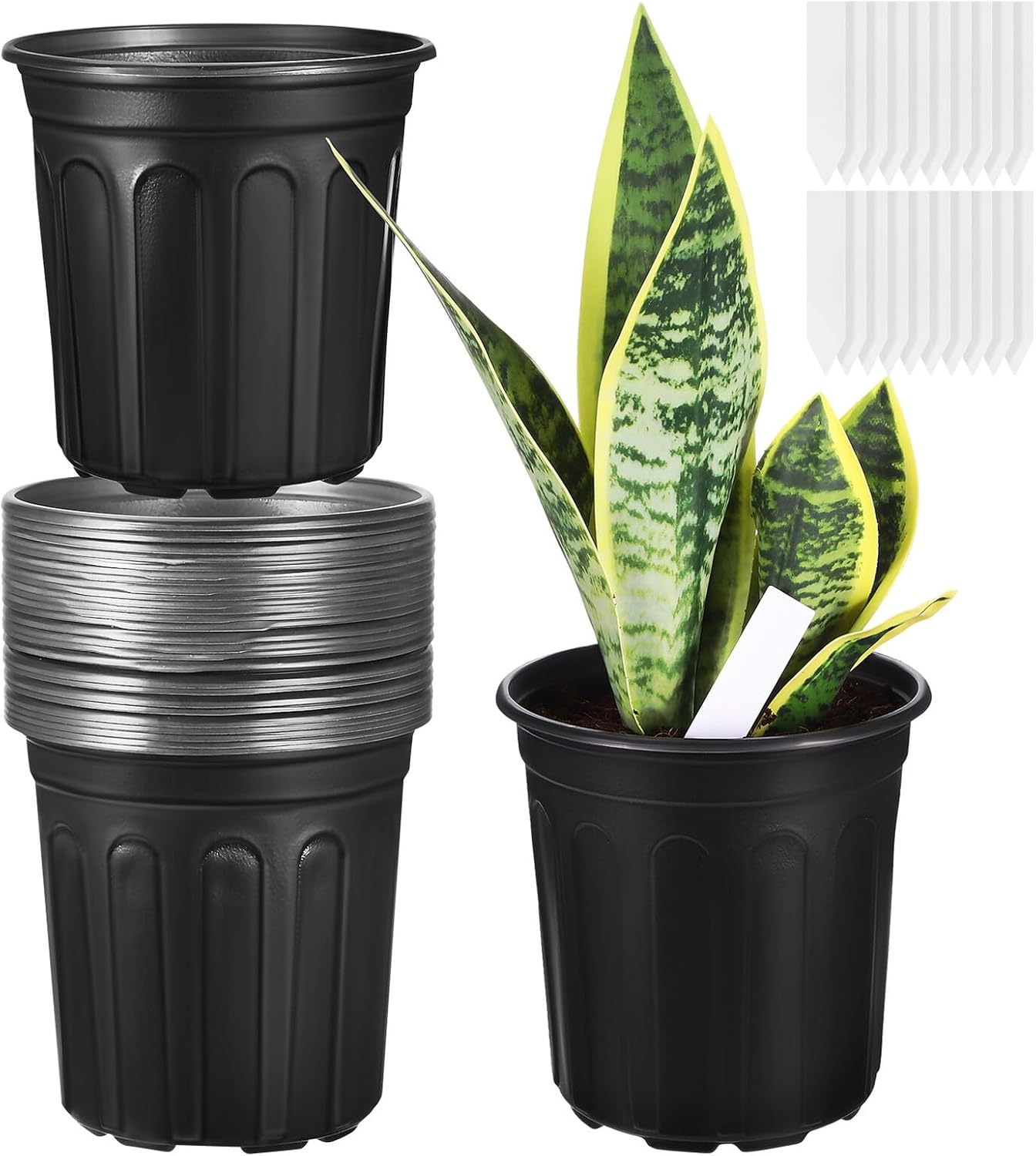 KALLORY 50pcs Round Plastic Nursery Pots with Drainage Holes 16.5cm Diameter Seedling Starter Containers for Home Greenhouse Gardening