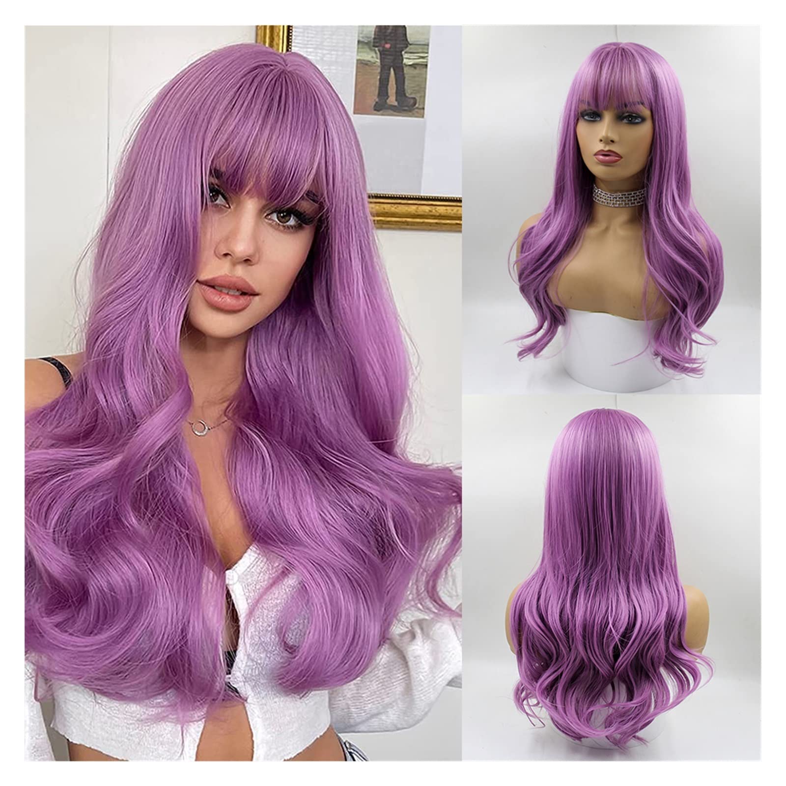 Perruque synthétique brune femme longue ondulée de partie moyenne pour cosplay et fête