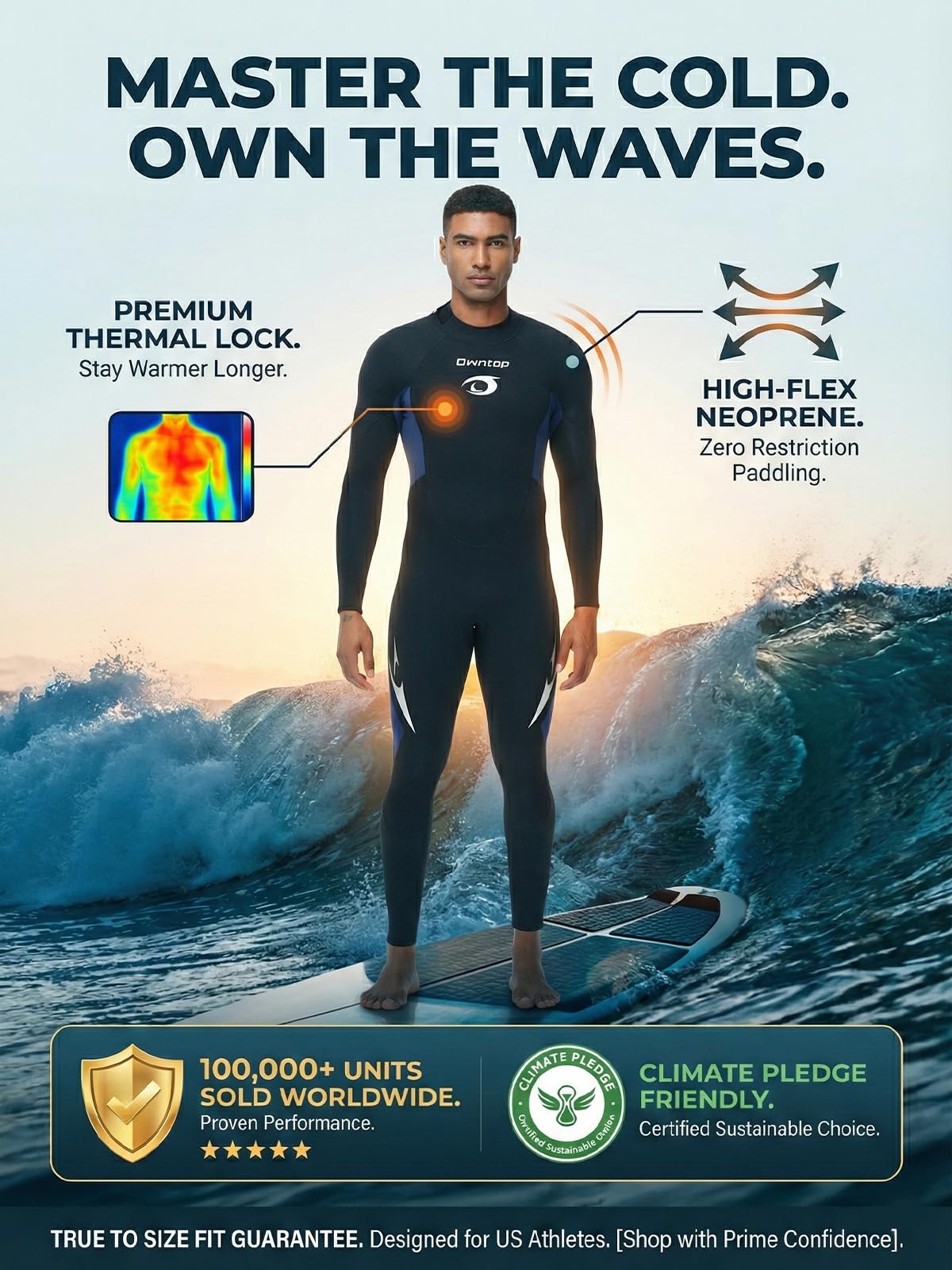 Owntop Muta Uomo 3/2mm Intera, Muta Invernale a Maniche Lunghe Ultra-Stretch, Zip Posteriore Muta da Surf e Immersioni in Neoprene per Adulti