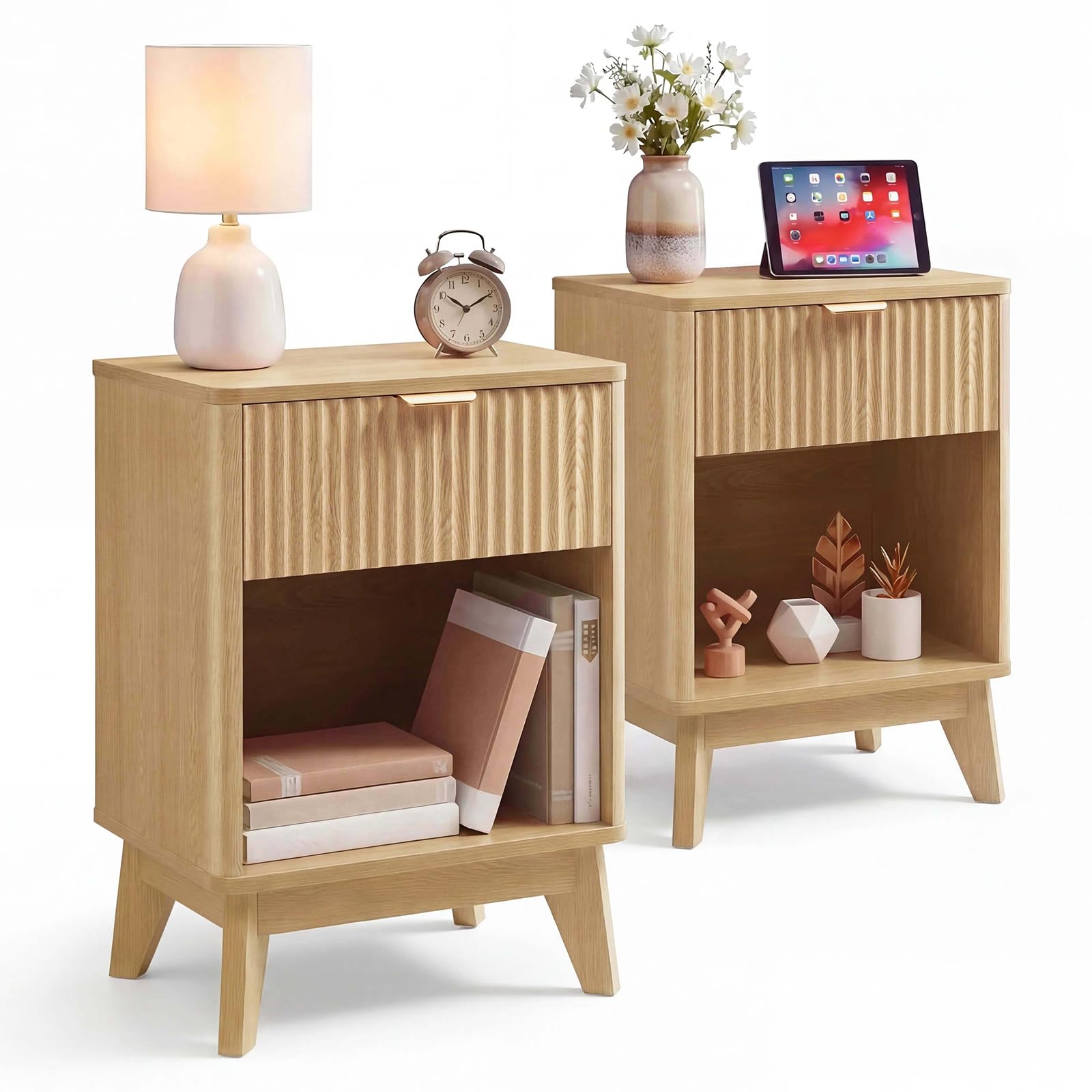 LYNCOHOME End Table, Bedside Tables Set of 2 with Drawers,Wood Night Stand,Bedside Cabinets for Living Room, Bedroom, 2 Pack,Nature