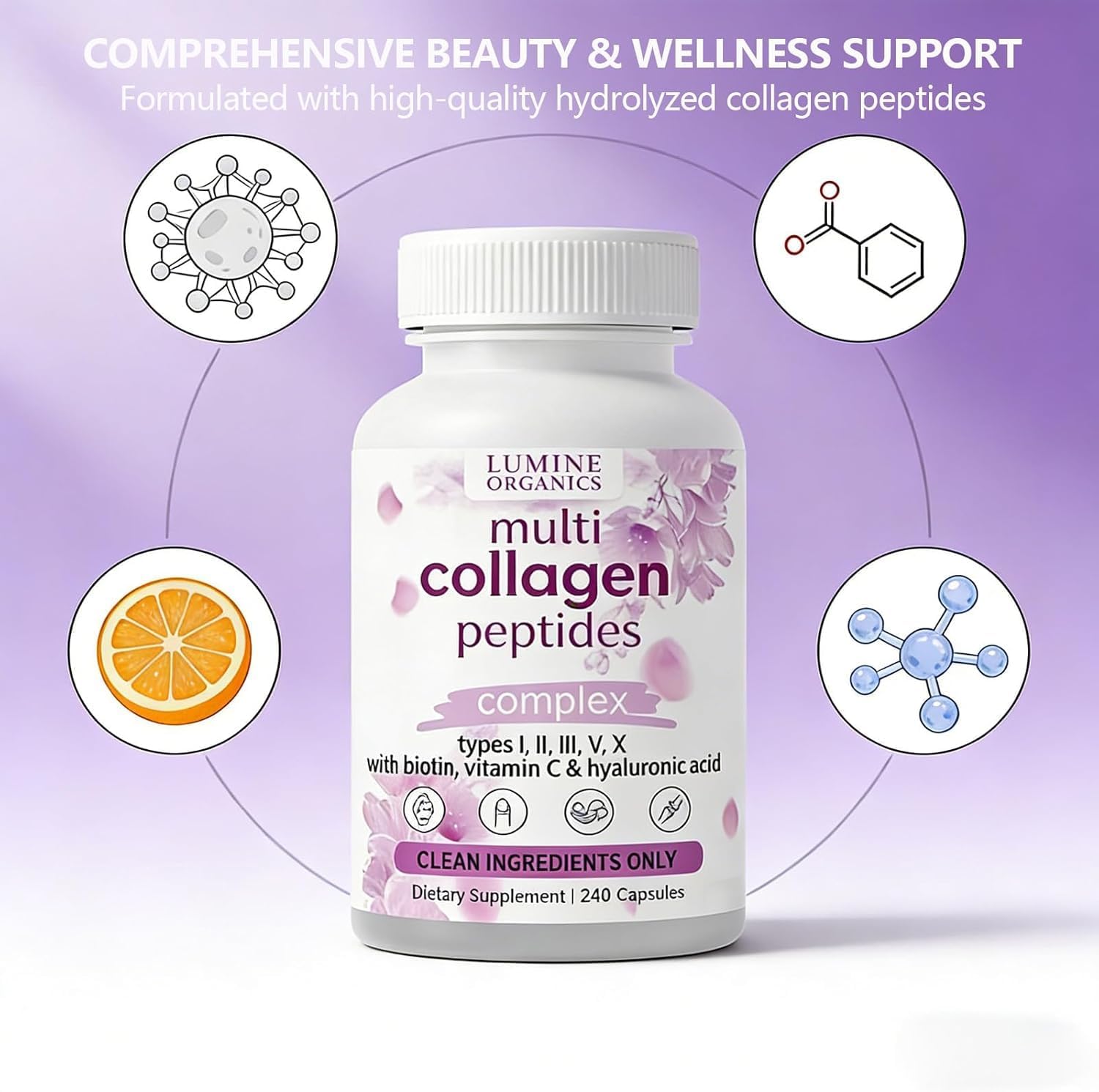 Lumine Organics Collagen, Hydrolyzed Collagen Peptides Capsules,Type I,II,III,V,X with Biotin,Hyaluronic Acid Powder,Vitamin C 240 Capsules