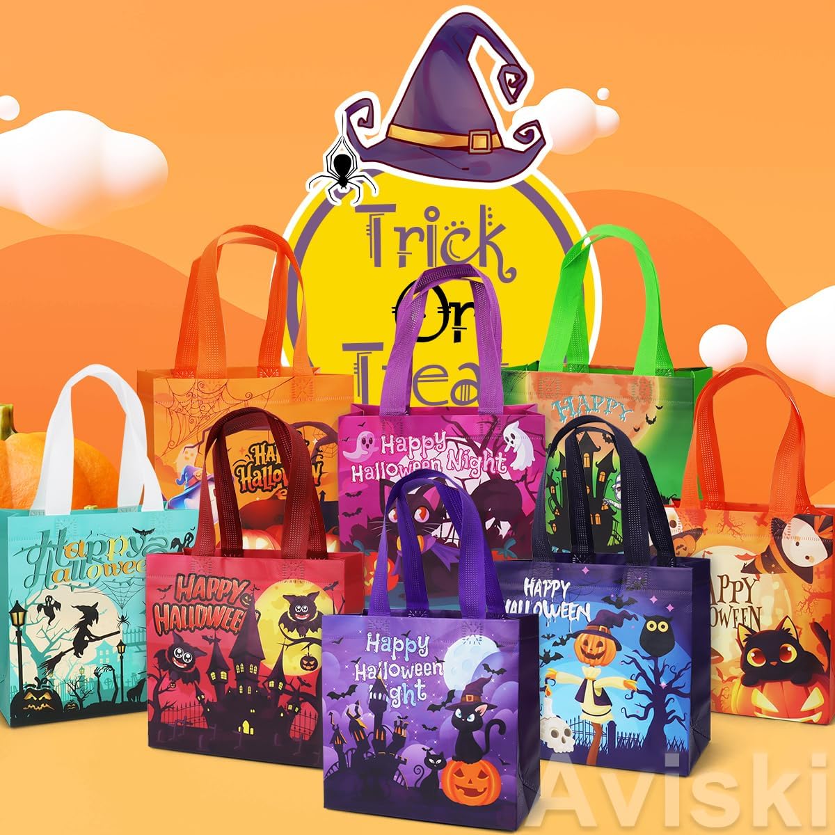 8PCS Halloween Small Trick or Treat Bags, 7.9"×7.9"×3.15", Non-Woven Gift Tote Bags with Handles for Gifts Wrapping, Party Supplies - Image 3