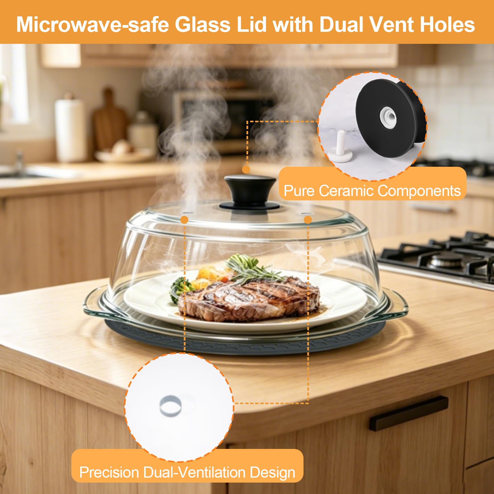Cubierta de Vidrio para Tapa Microondas para Alimentos: Protector Antisalpicaduras con Asas de Silicona & Alfombrilla de Silicona-Tapa Microondas Cristal con Doble Orificio de Ventilación-Para Platos