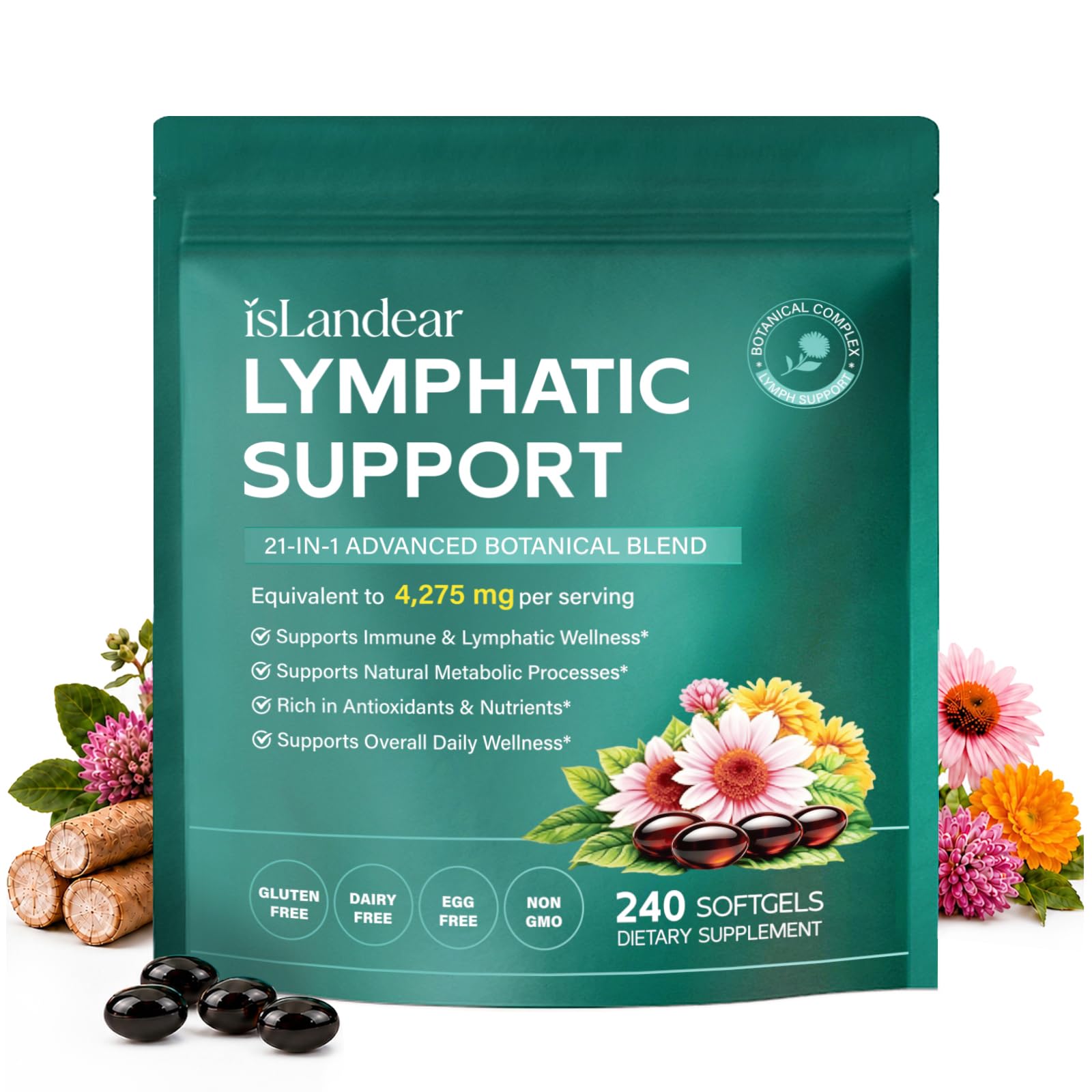 21-in-1 Lymphatic Drainage Supplements for Women & Men, 240 Softgels