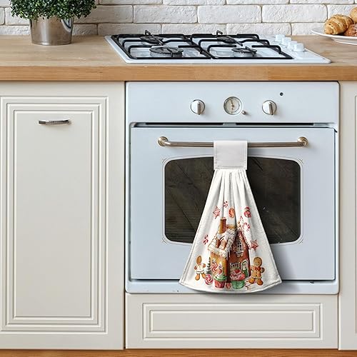 Miniatura 7 de Juego de 2 toallas de cocina colgantes de hombre de jengibre navideño, con lazo para colgar, toallas de cocina suaves y absorbentes con lazo para