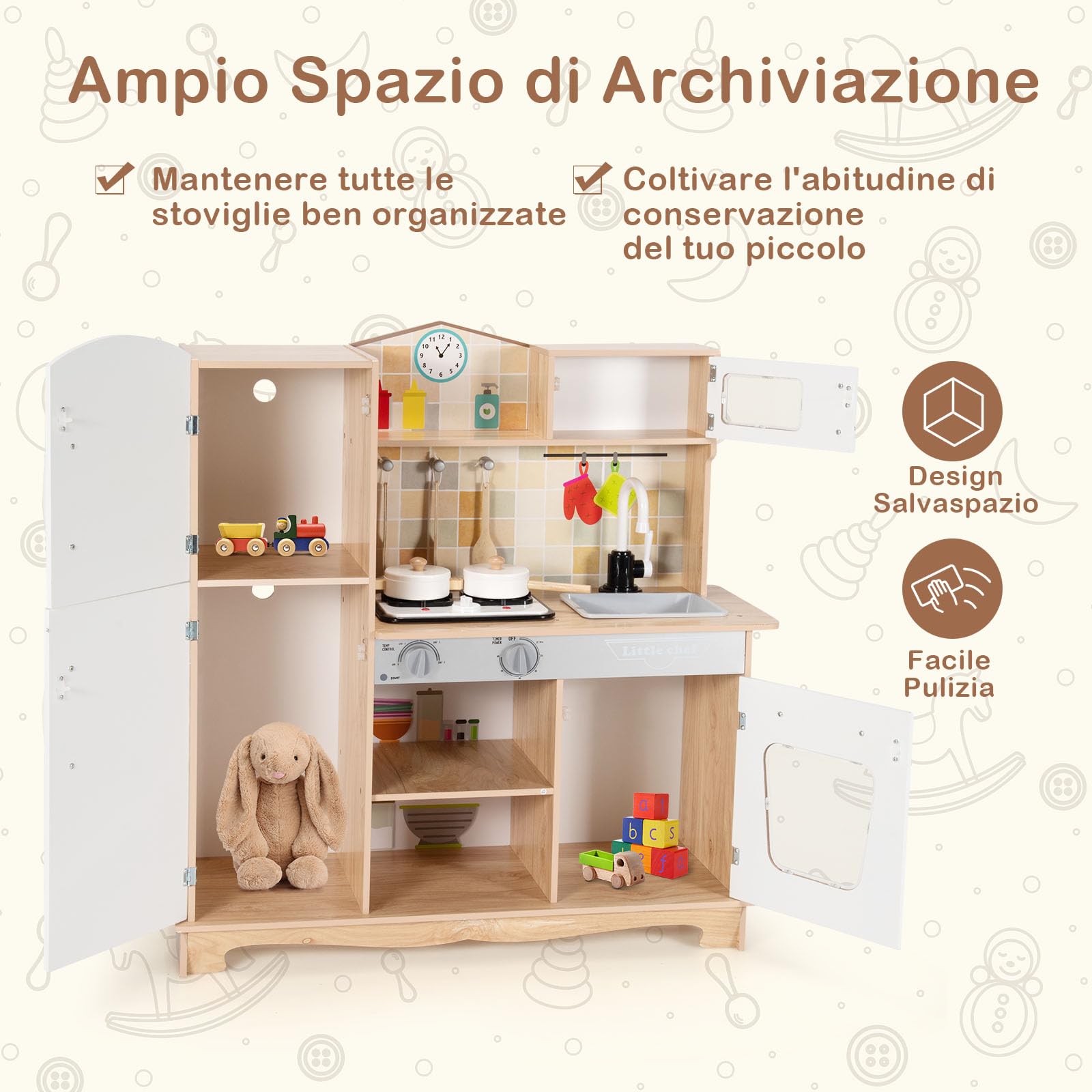 GYMAX Cucina Giocattolo per Bambini, Mini Cucina in Legno con Armadietti e Accessori, Suoni e Luci Realistici, Migliorare la Capacità Pratica, Adatto a Bambini di 3-7 anni (Naturale)