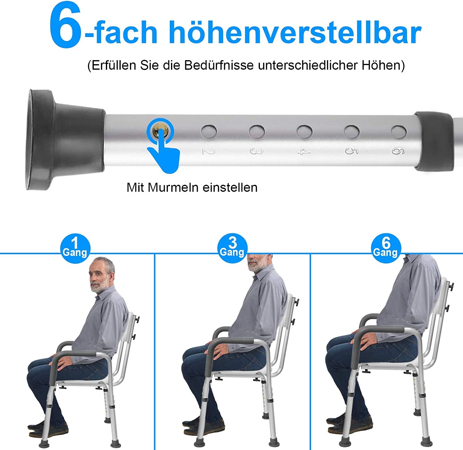 Froadp Antypoślizgowy taboret prysznicowy, aluminiowy, 73,5-86 cm, z regulacją wysokości, taboret łazienkowy z podłokietnikami i oparciem, mobilna pomoc pod prysznic, obciążenie maks. 150 kg, dla